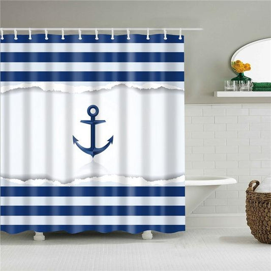 Nautical Blue Anchor Stripes Fabric Shower Curtain-Shower Curtains-180×180cm Shower Curtain Only-Free Shipping Leatheretro