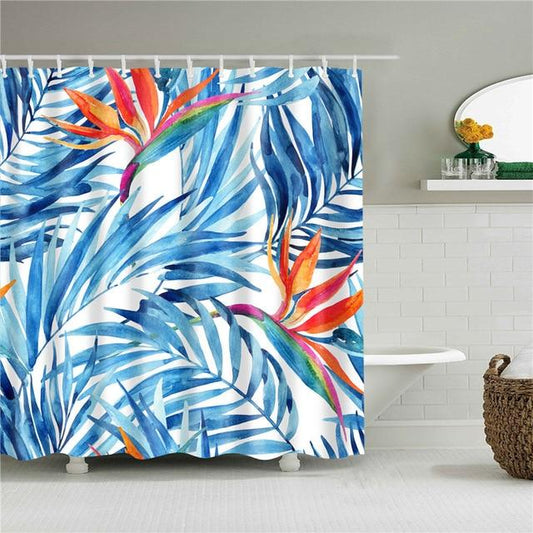 Blue Palm Leaves Fronds Fabric Shower Curtain-Shower Curtains-180×180cm Shower Curtain Only-Free Shipping Leatheretro