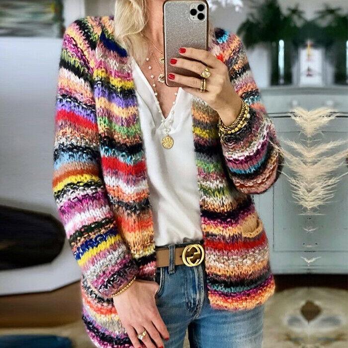 Bohemia Striped Colorful Knitting Cardigan-Sweaters&Hoodies-S-Free Shipping Leatheretro