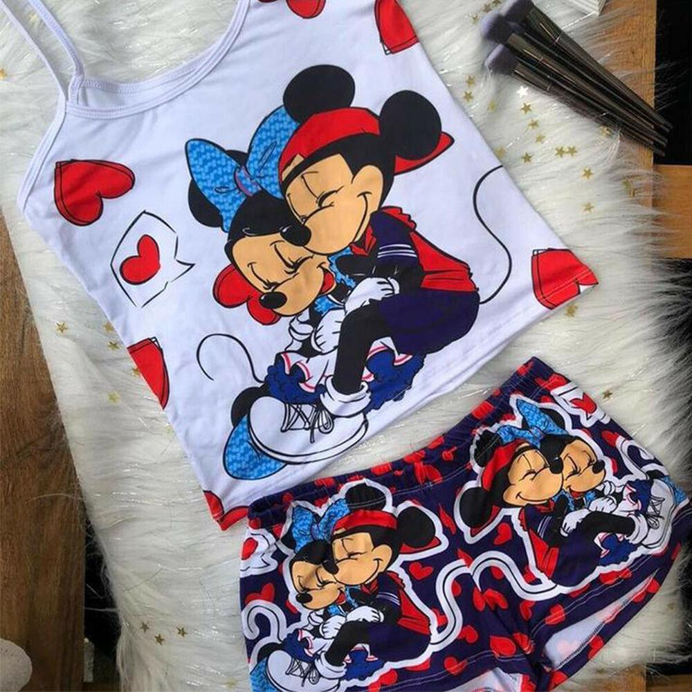 Cartoon Spaghetti Strap Vest Shorts Suit-Two Pieces Suits-White Mickey-S-Free Shipping Leatheretro