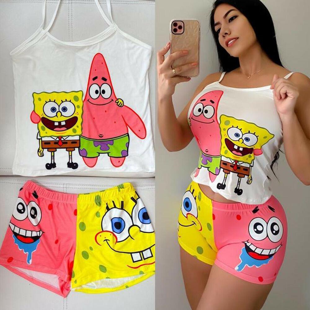 Cartoon Spaghetti Strap Vest Shorts Suit-Two Pieces Suits-Pink SpongeBob-S-Free Shipping Leatheretro