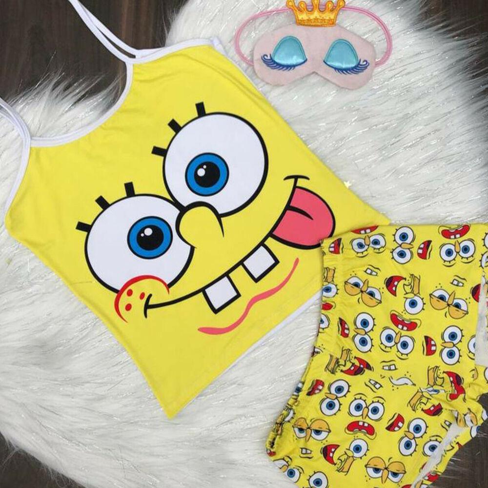 Cartoon Spaghetti Strap Vest Shorts Suit-Two Pieces Suits-Yellow SpongeBob-S-Free Shipping Leatheretro