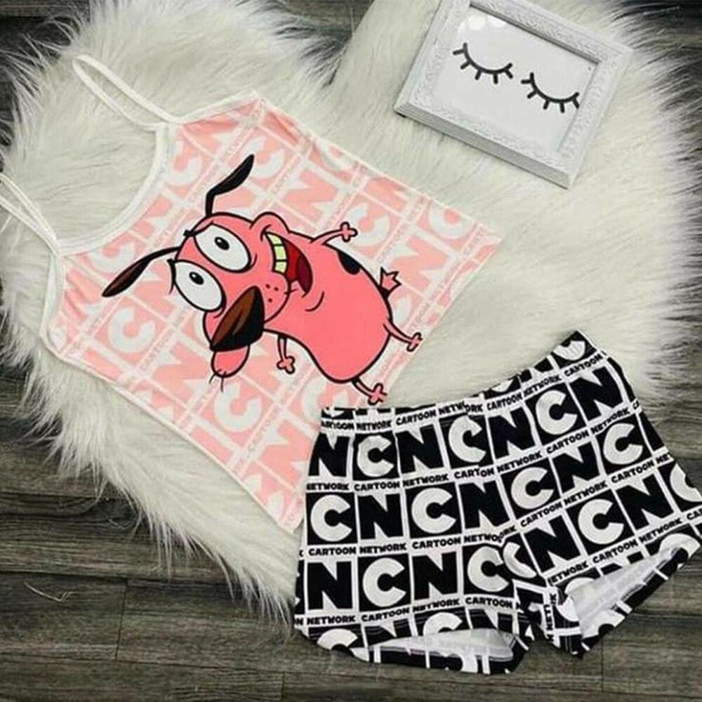 Cartoon Spaghetti Strap Vest Shorts Suit-Two Pieces Suits-Pink Cotton-S-Free Shipping Leatheretro