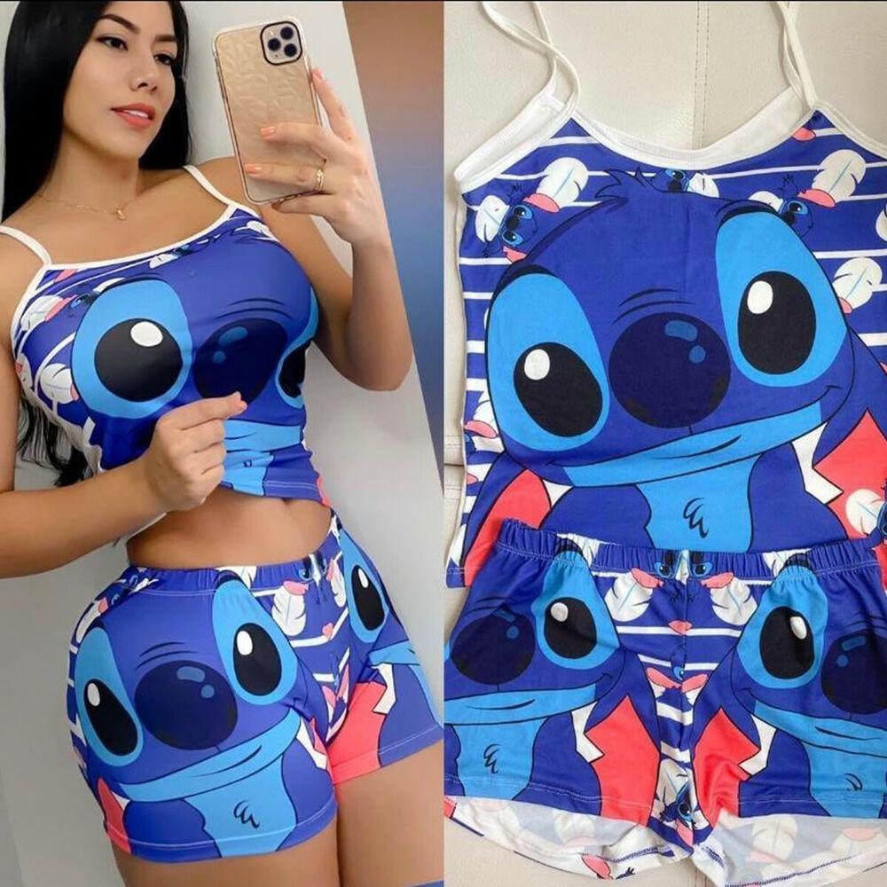Cartoon Spaghetti Strap Vest Shorts Suit-Two Pieces Suits-Blue Stitch-S-Free Shipping Leatheretro