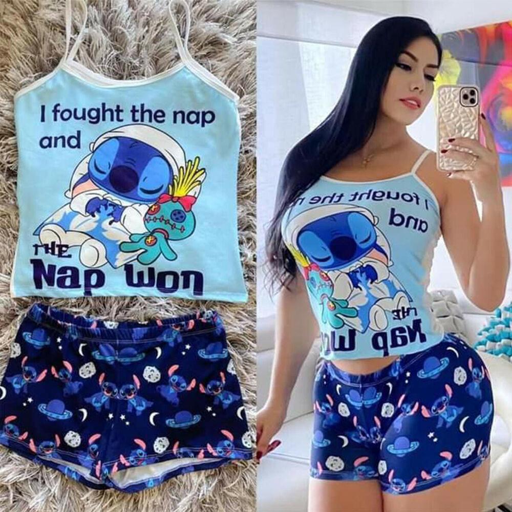 Cartoon Spaghetti Strap Vest Shorts Suit-Two Pieces Suits-Light Blue Stitch-S-Free Shipping Leatheretro