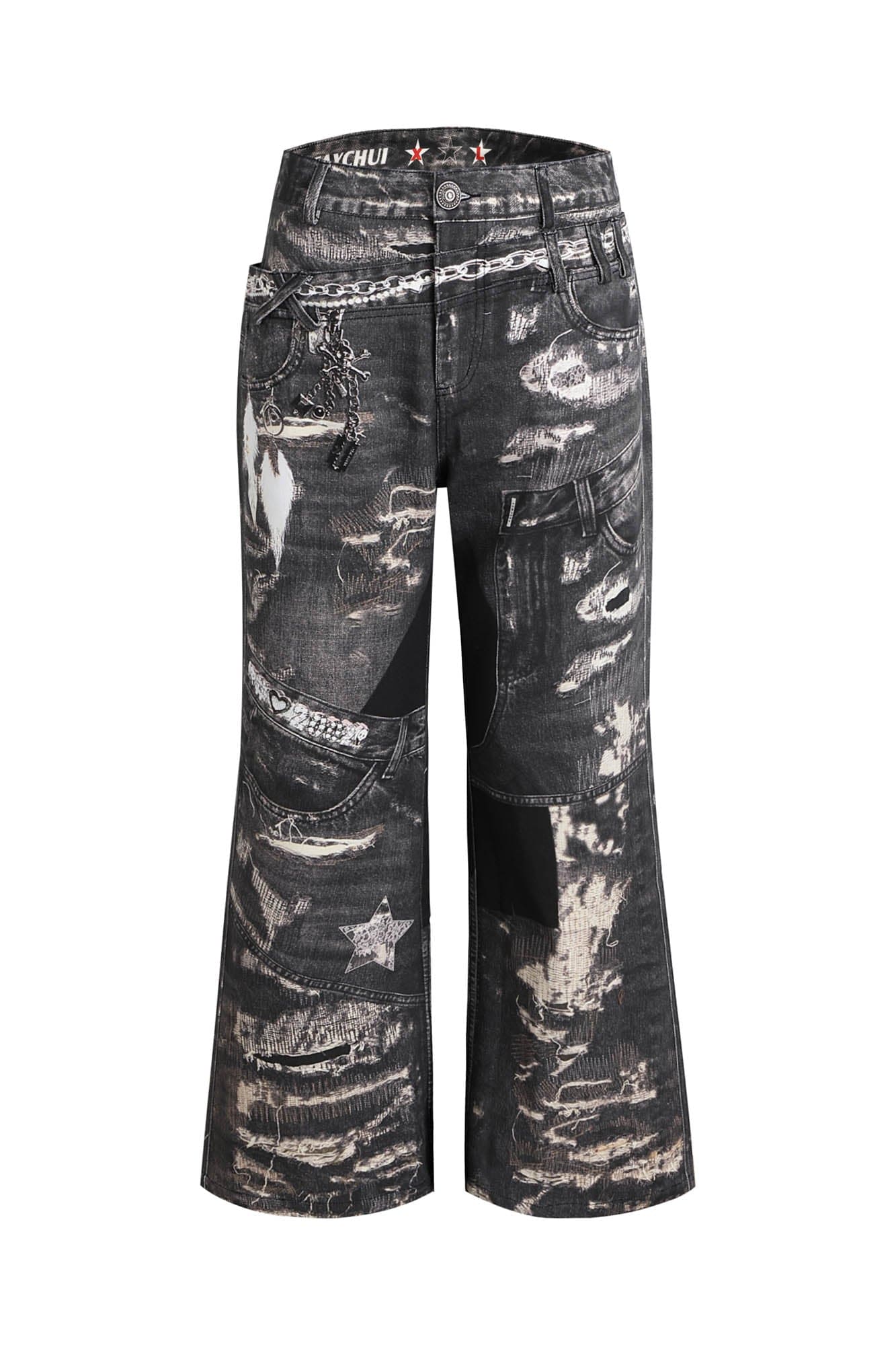 DND4DES×Faychui Deconstructed Graphic Double-Waist Distressed Jeans-Jeans-S-Free Shipping Leatheretro