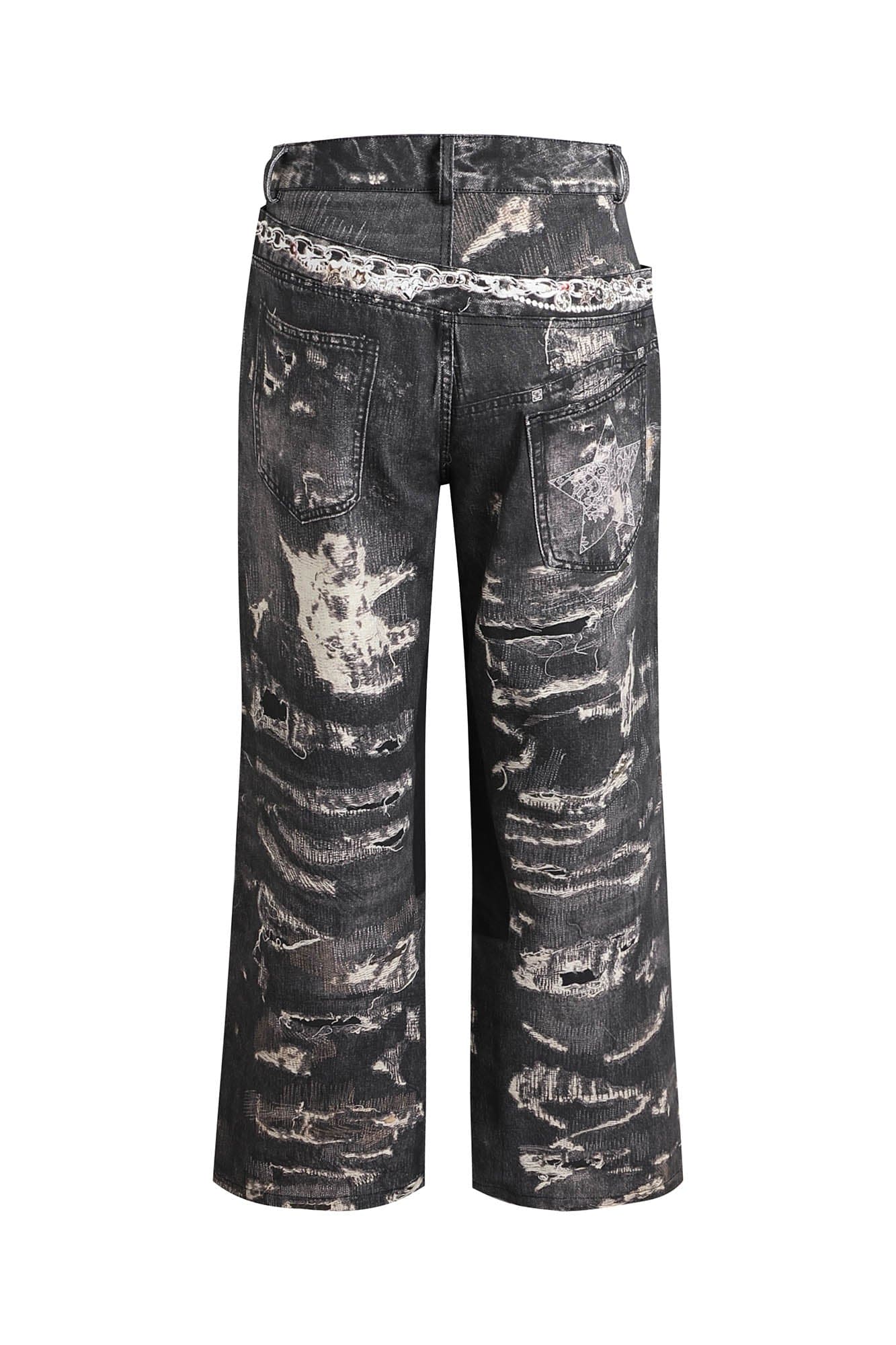 DND4DES×Faychui Deconstructed Graphic Double-Waist Distressed Jeans-Jeans-S-Free Shipping Leatheretro
