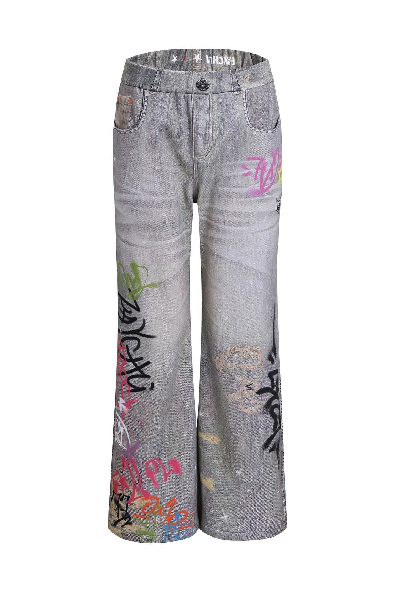 DND4DES×Faychui Distressed Graffiti Flared Pants-Pants-S-Free Shipping Leatheretro