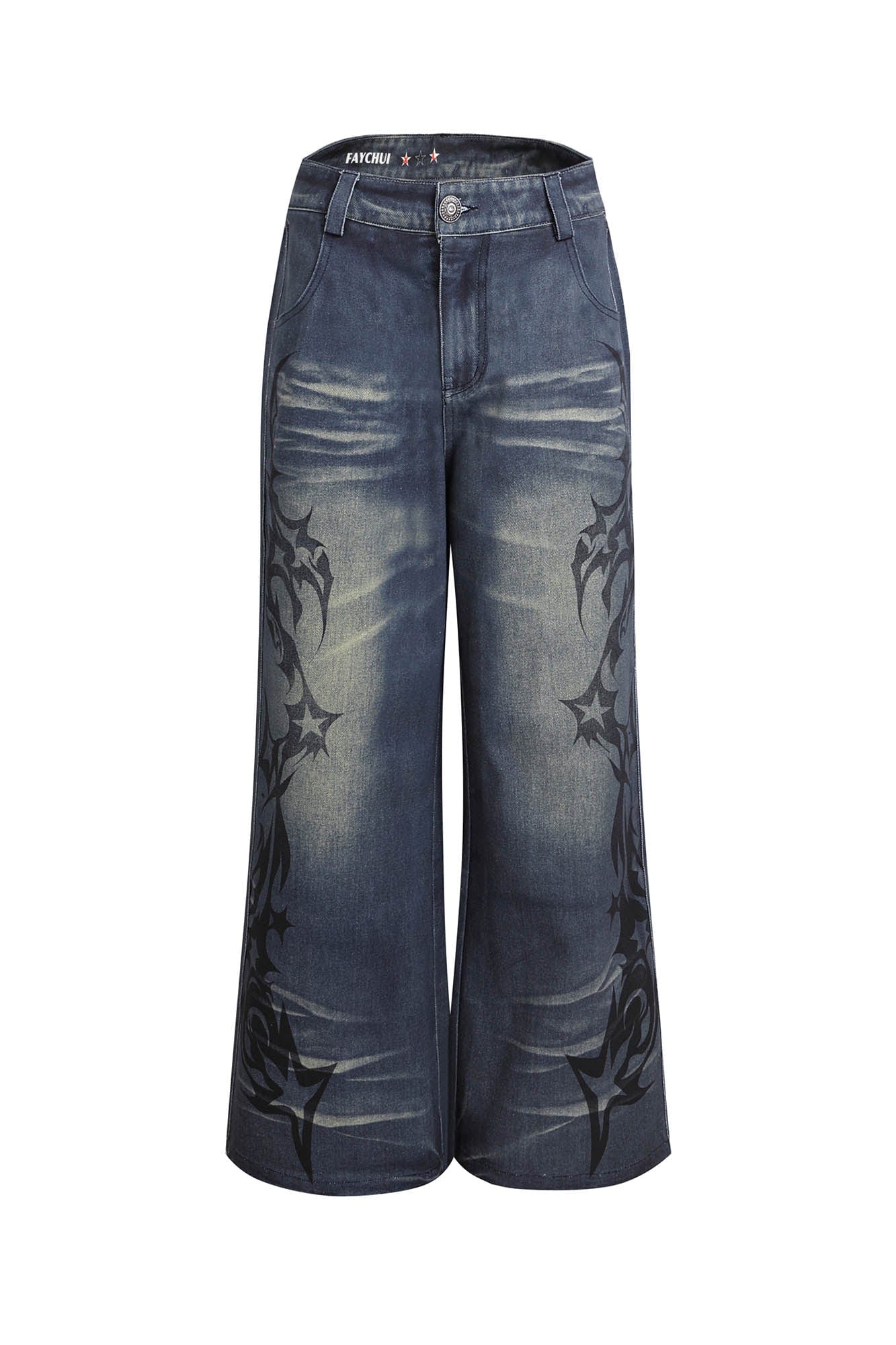 DND4DES×Faychui Acid Graphics Distressed Wide-Leg Jeans-Jeans-S-Free Shipping Leatheretro