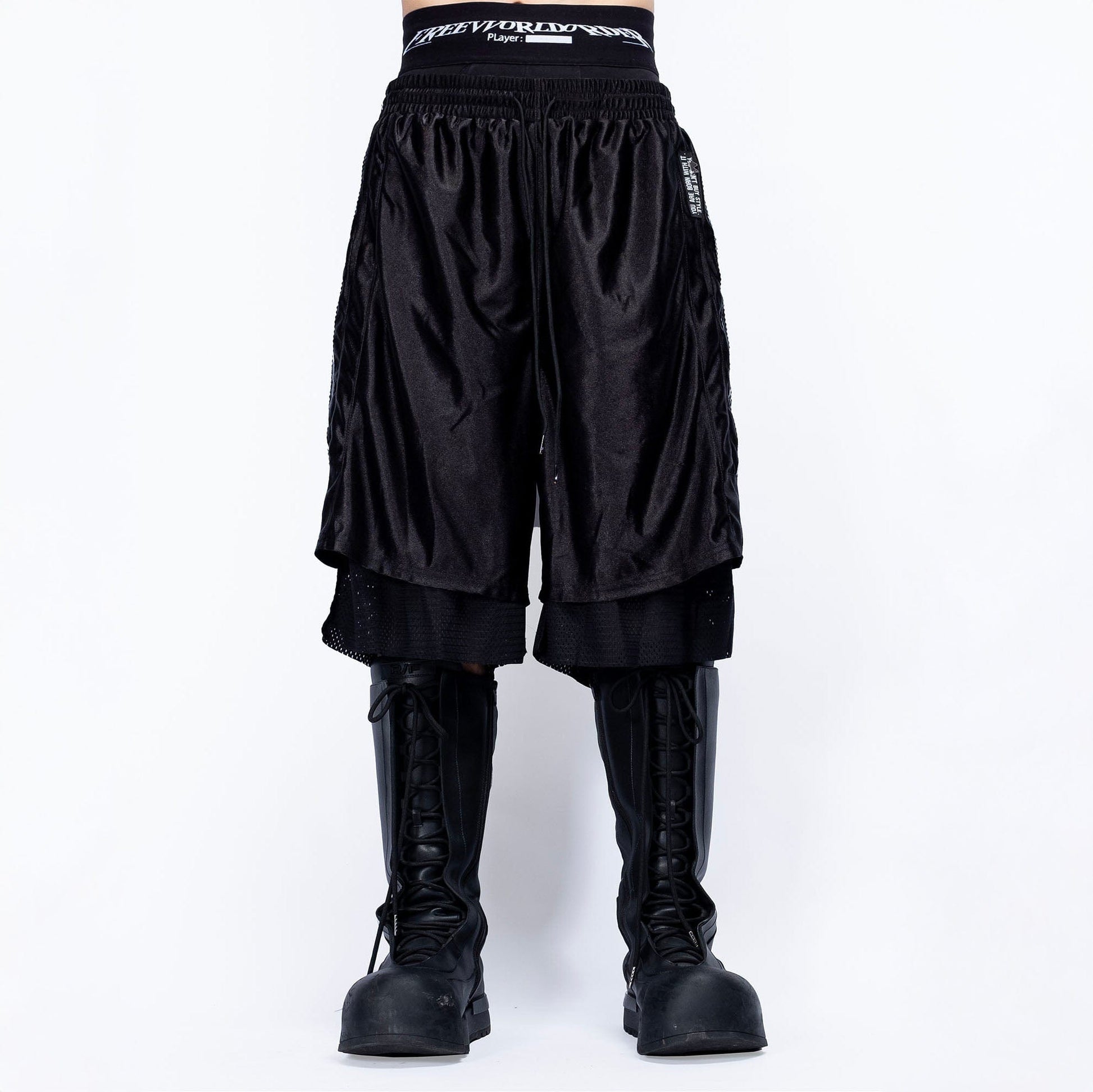 FVVO Layered Mesh Satin Striped Shorts-Shorts-Black-S-Free Shipping Leatheretro