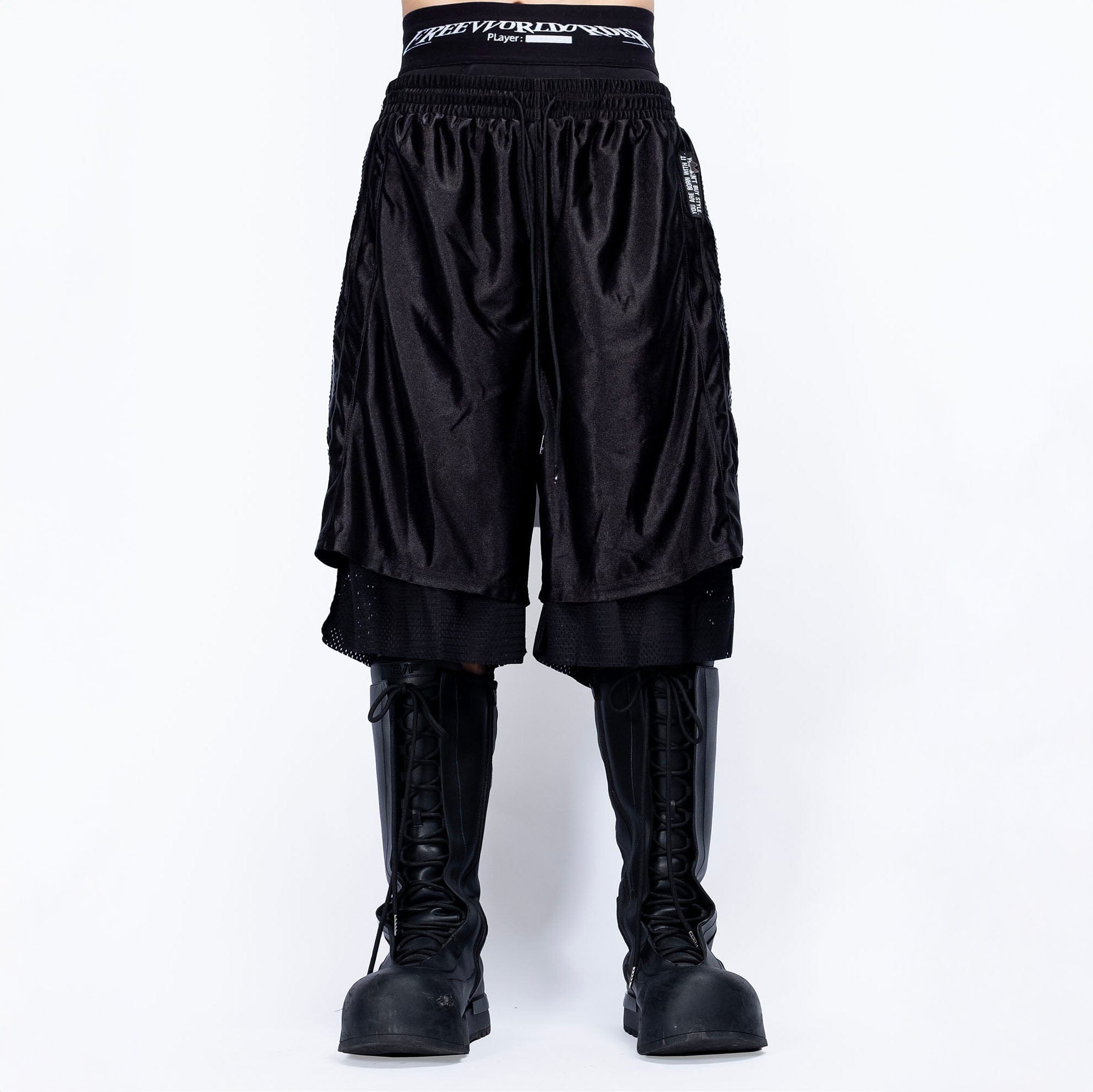 FVVO Layered Mesh Satin Striped Shorts-Shorts-Black-S-Free Shipping Leatheretro