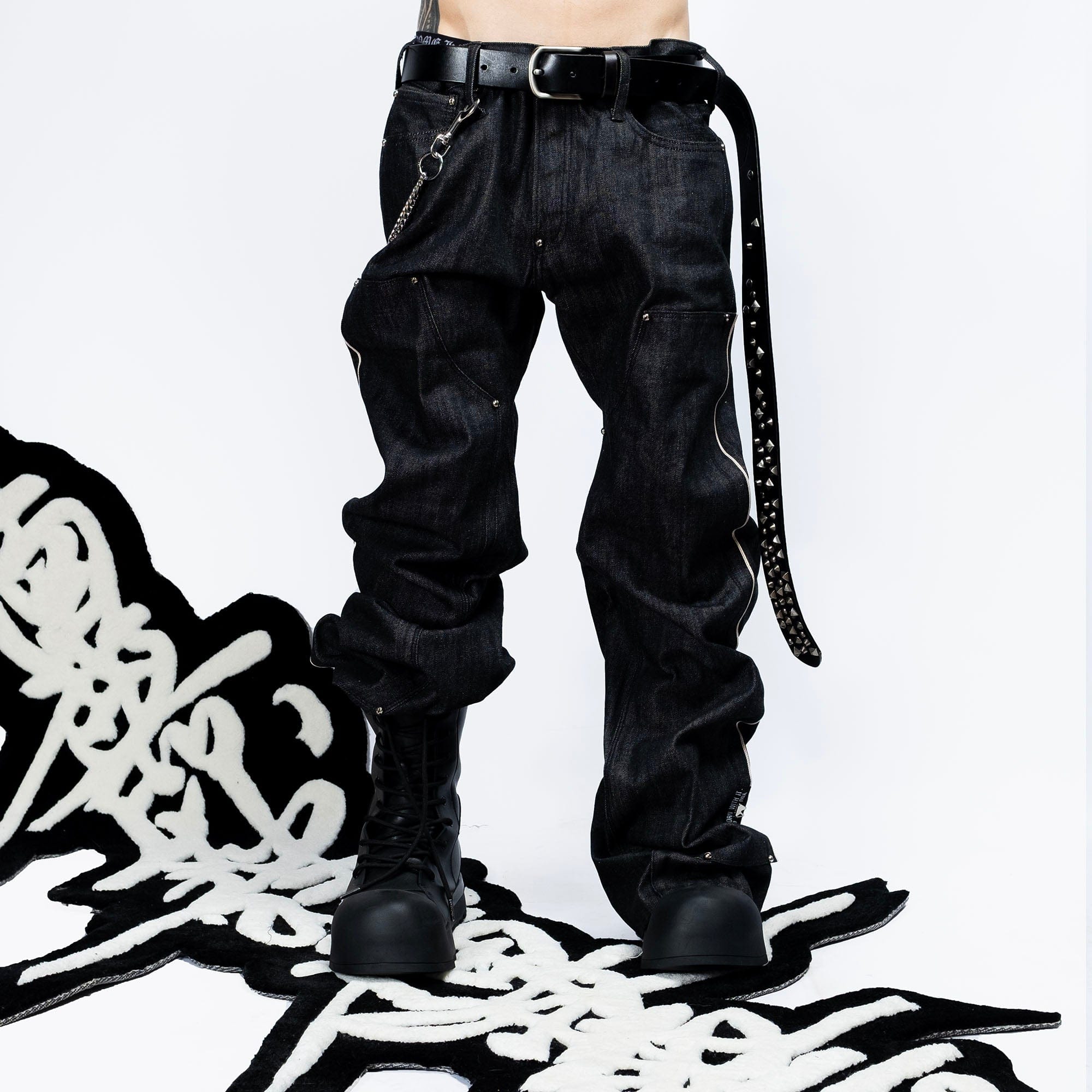 FVVO Selvedge Embroidered Double-Knee Raw Denim Pants-Jeans-S-White-Free Shipping Leatheretro