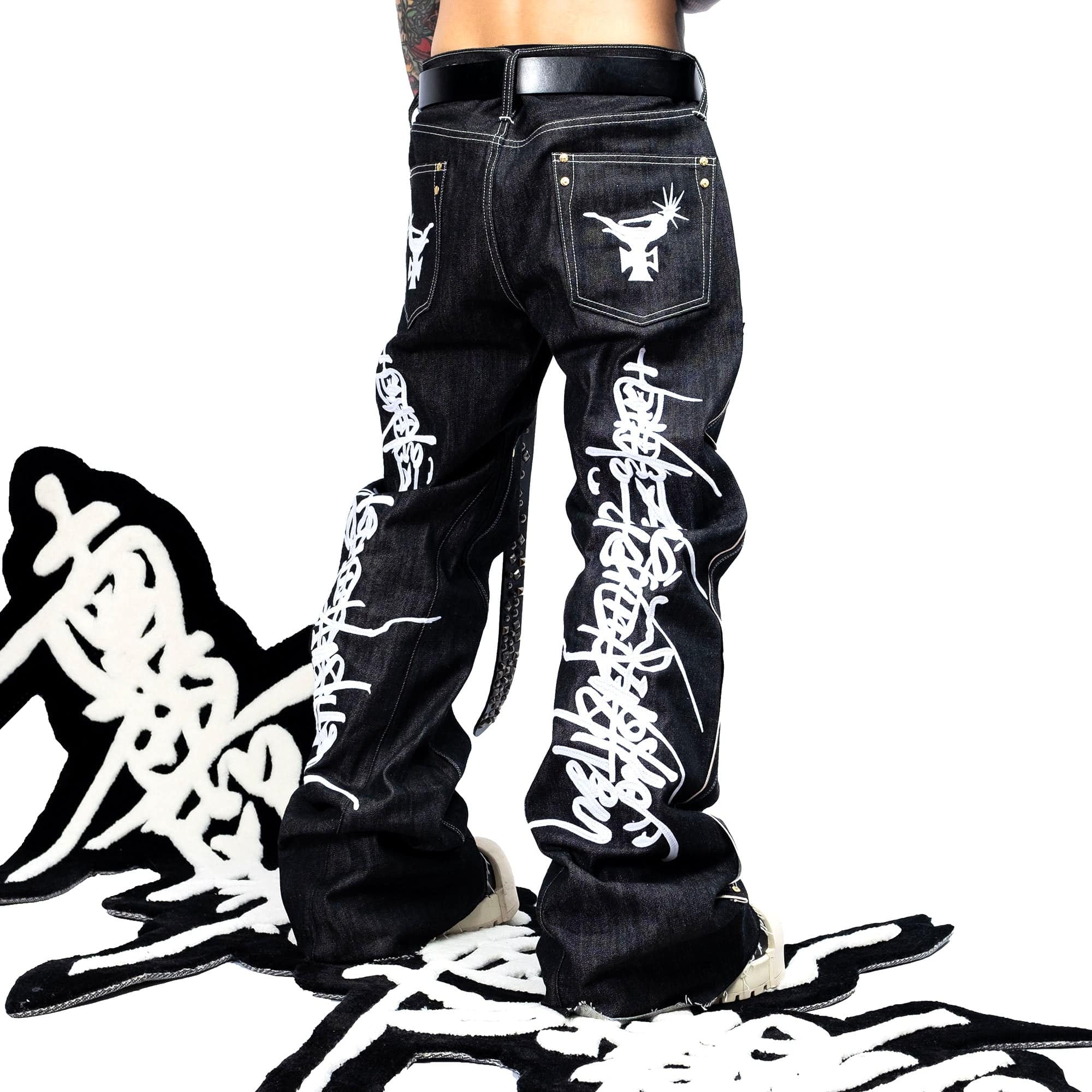 FVVO Selvedge Embroidered Double-Knee Raw Denim Pants-Jeans-S-White-Free Shipping Leatheretro