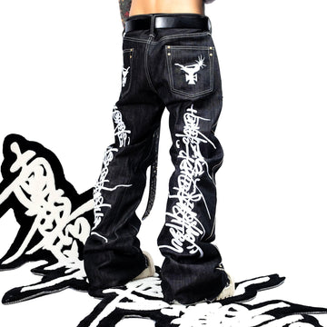 FVVO Selvedge Embroidered Double-Knee Raw Denim Pants-Jeans-S-White-Free Shipping Leatheretro