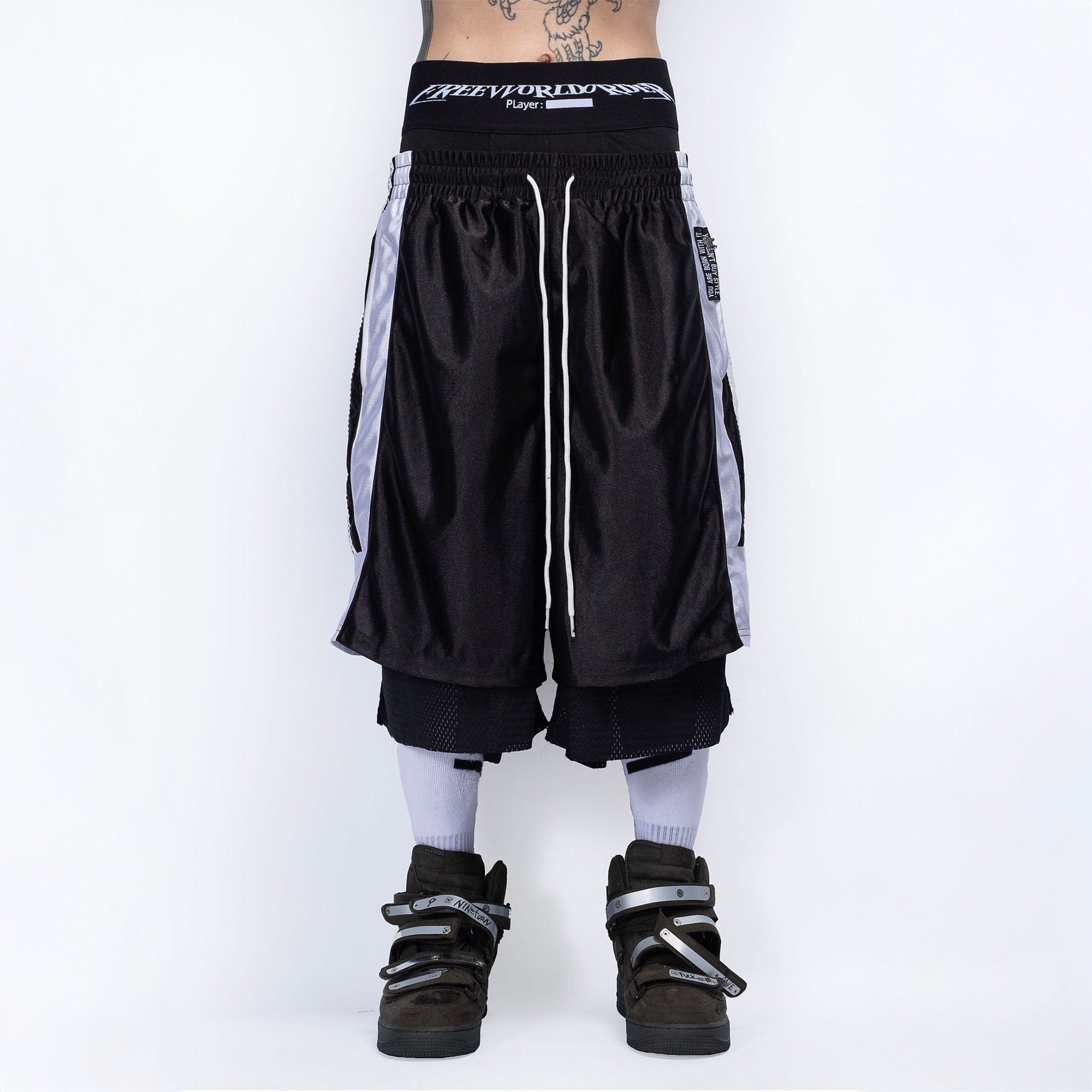 FVVO Layered Mesh Satin Striped Shorts-Shorts-White-S-Free Shipping Leatheretro