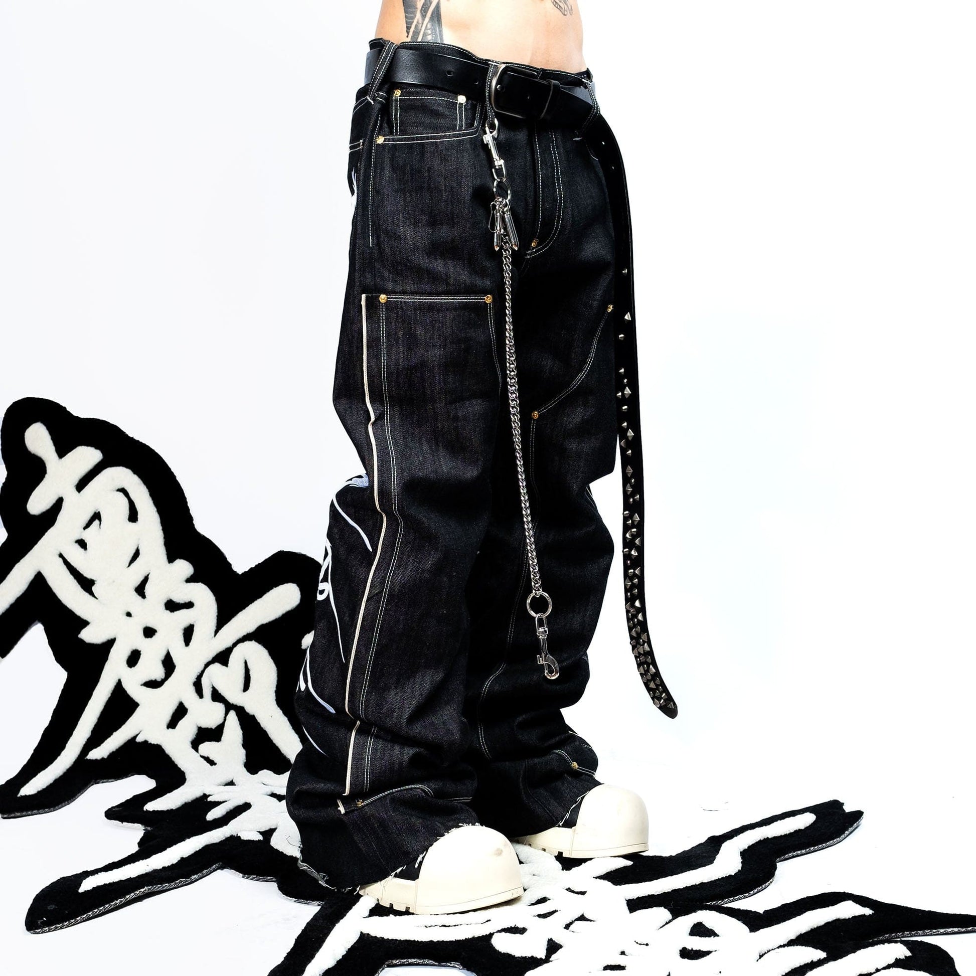 FVVO Selvedge Embroidered Double-Knee Raw Denim Pants-Jeans-S-White-Free Shipping Leatheretro