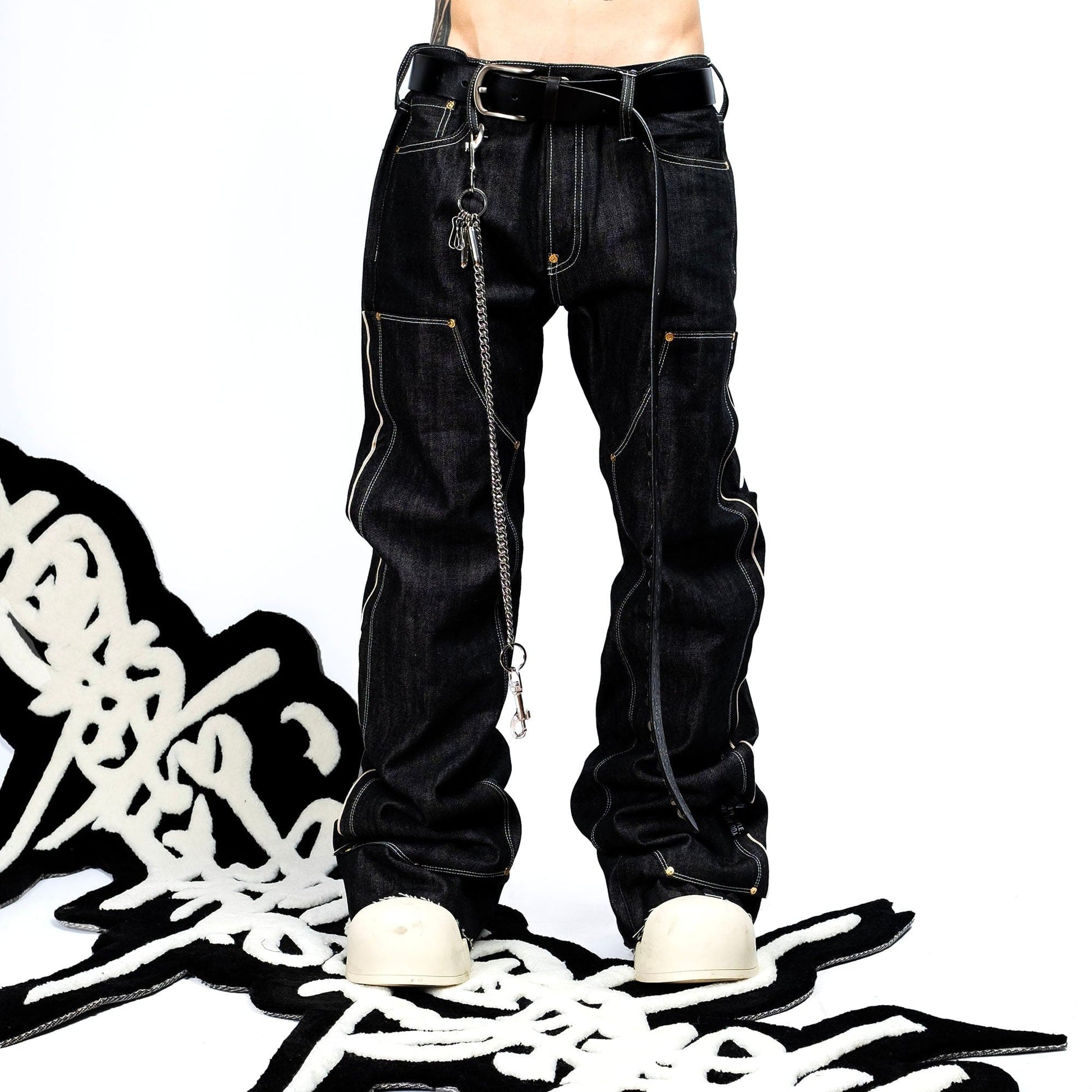 FVVO Selvedge Embroidered Double-Knee Raw Denim Pants-Jeans-S-White-Free Shipping Leatheretro