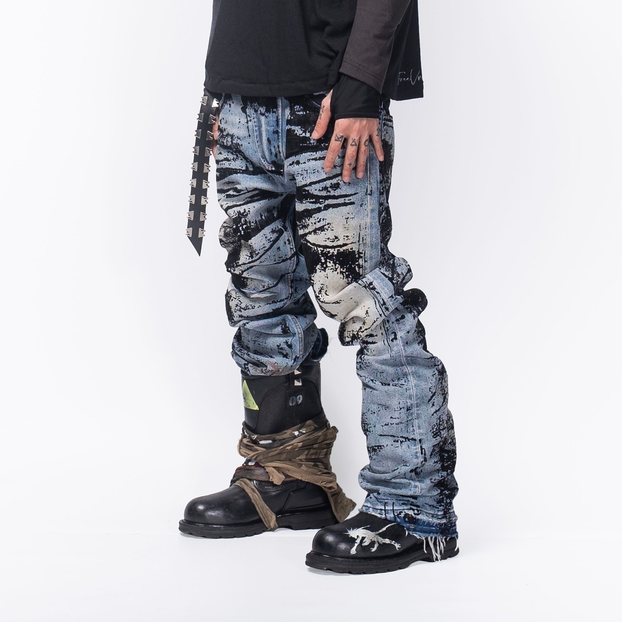 FVVO Distressed Flocked Slant Fly Jeans-Jeans-S-Free Shipping Leatheretro