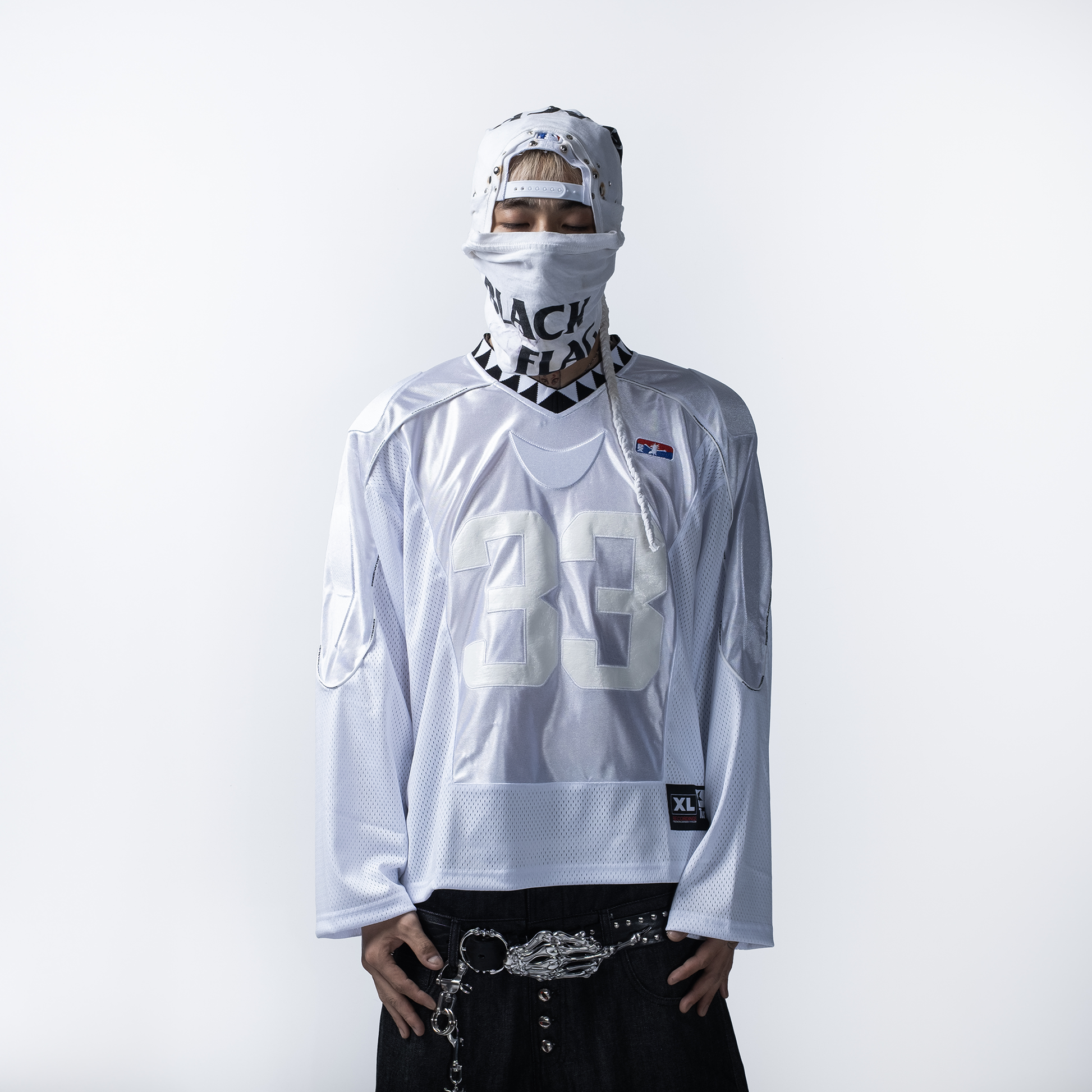 FVVO Padded Shoulder V-Neck Jersey-L/S Tee-S-White-Free Shipping Leatheretro