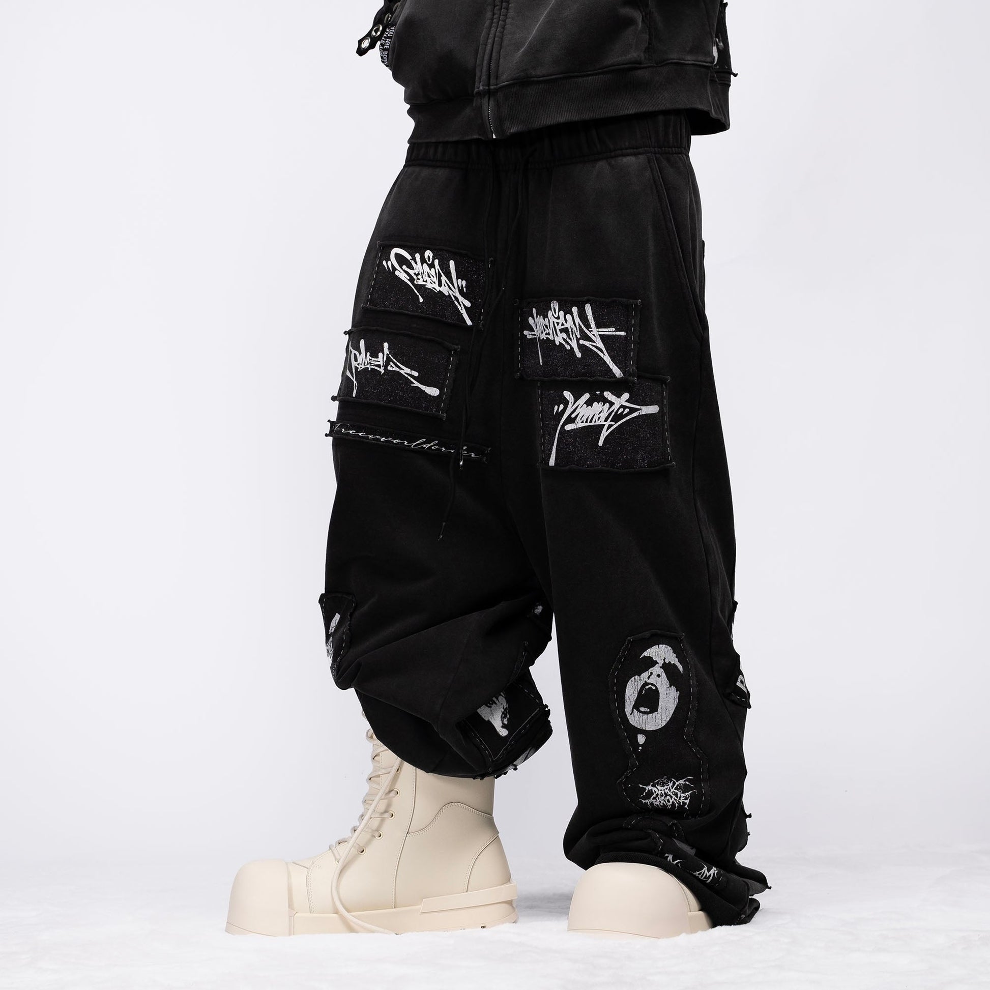 FVVO Patch Washed Sweatpants-Pants-S-White-Free Shipping Leatheretro