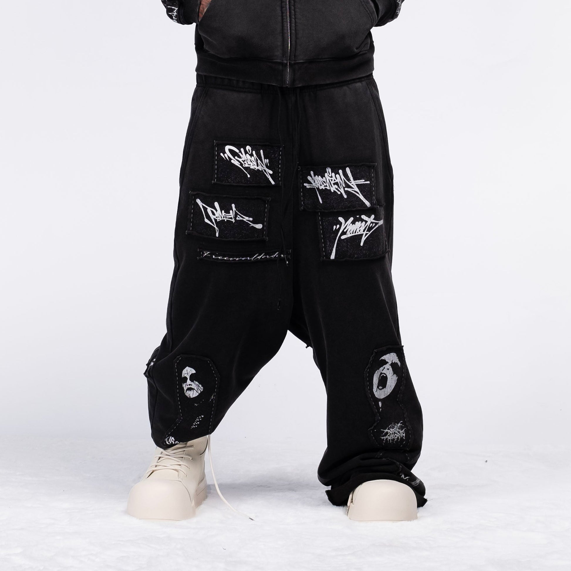 FVVO Patch Washed Sweatpants-Pants-S-Black-Free Shipping Leatheretro