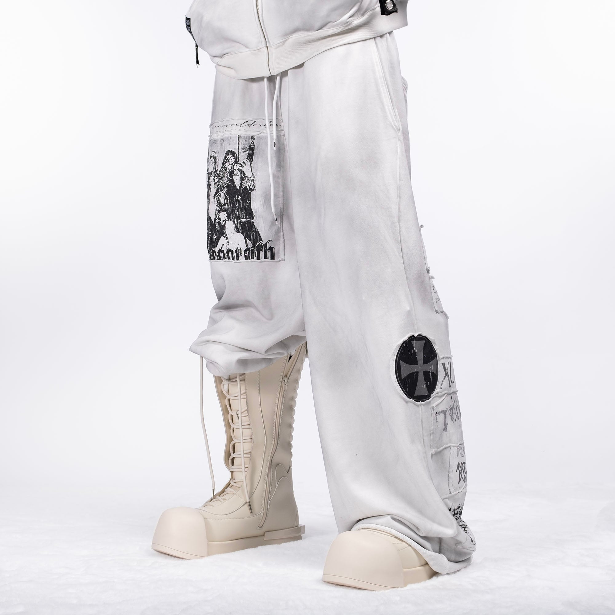 FVVO Patch Washed Sweatpants-Pants-S-White-Free Shipping Leatheretro
