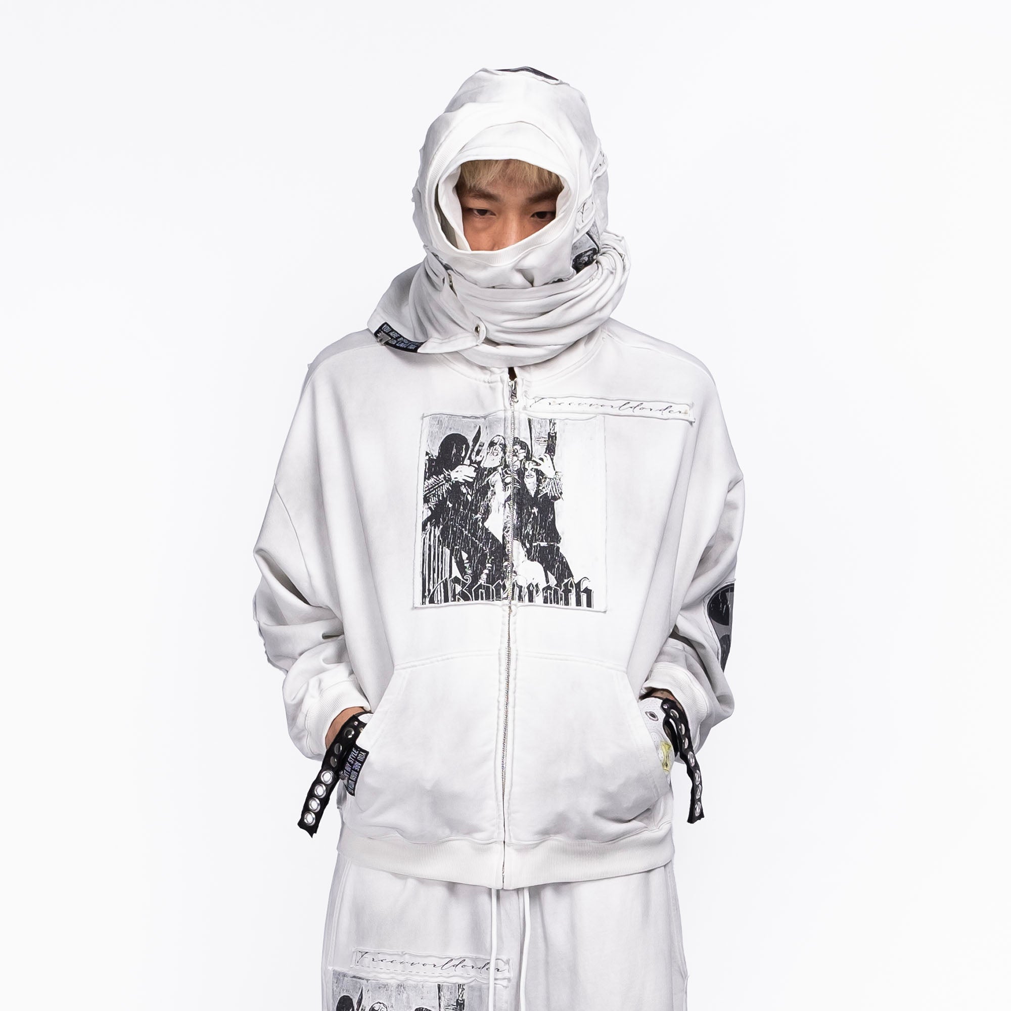 FVVO Patch Washed Zip-Up Hoodie-Jacket-S-White-Free Shipping Leatheretro