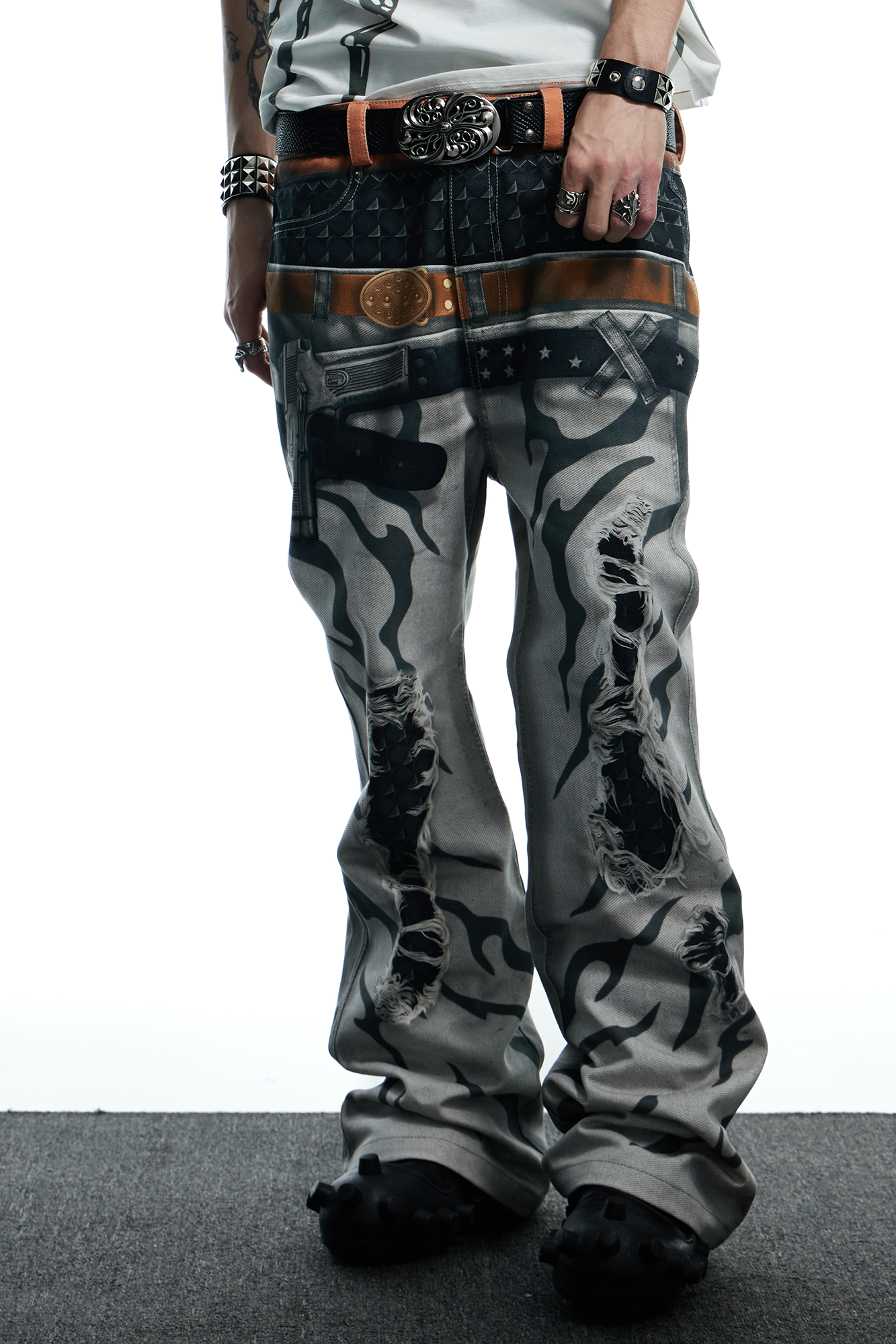 DND4DES Distressed Print Double-Waist Flare Jeans White-Jeans-XS-Free Shipping Leatheretro