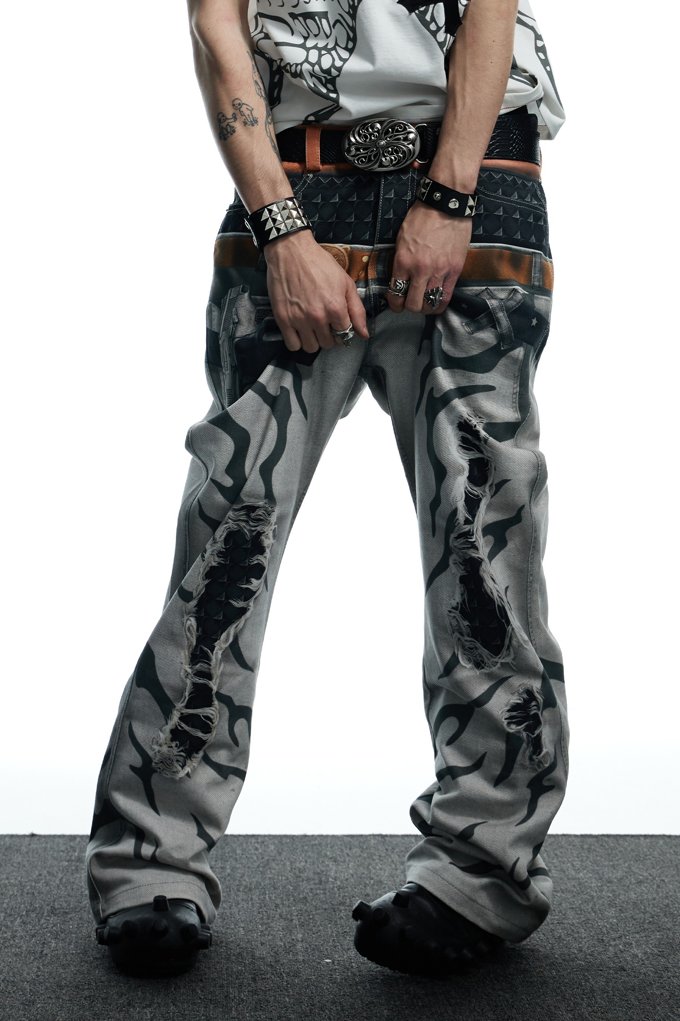 DND4DES Distressed Print Double-Waist Flare Jeans White-Jeans-XS-Free Shipping Leatheretro