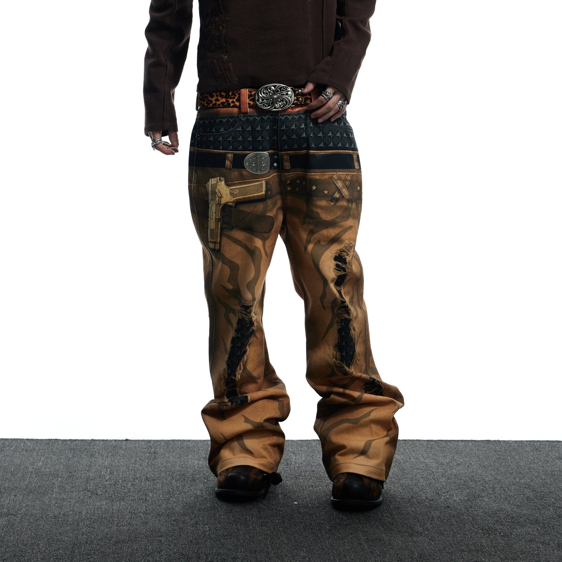 DND4DES Distressed Print Double-Waist Flare Jeans Khaki-Jeans-XS-Free Shipping Leatheretro