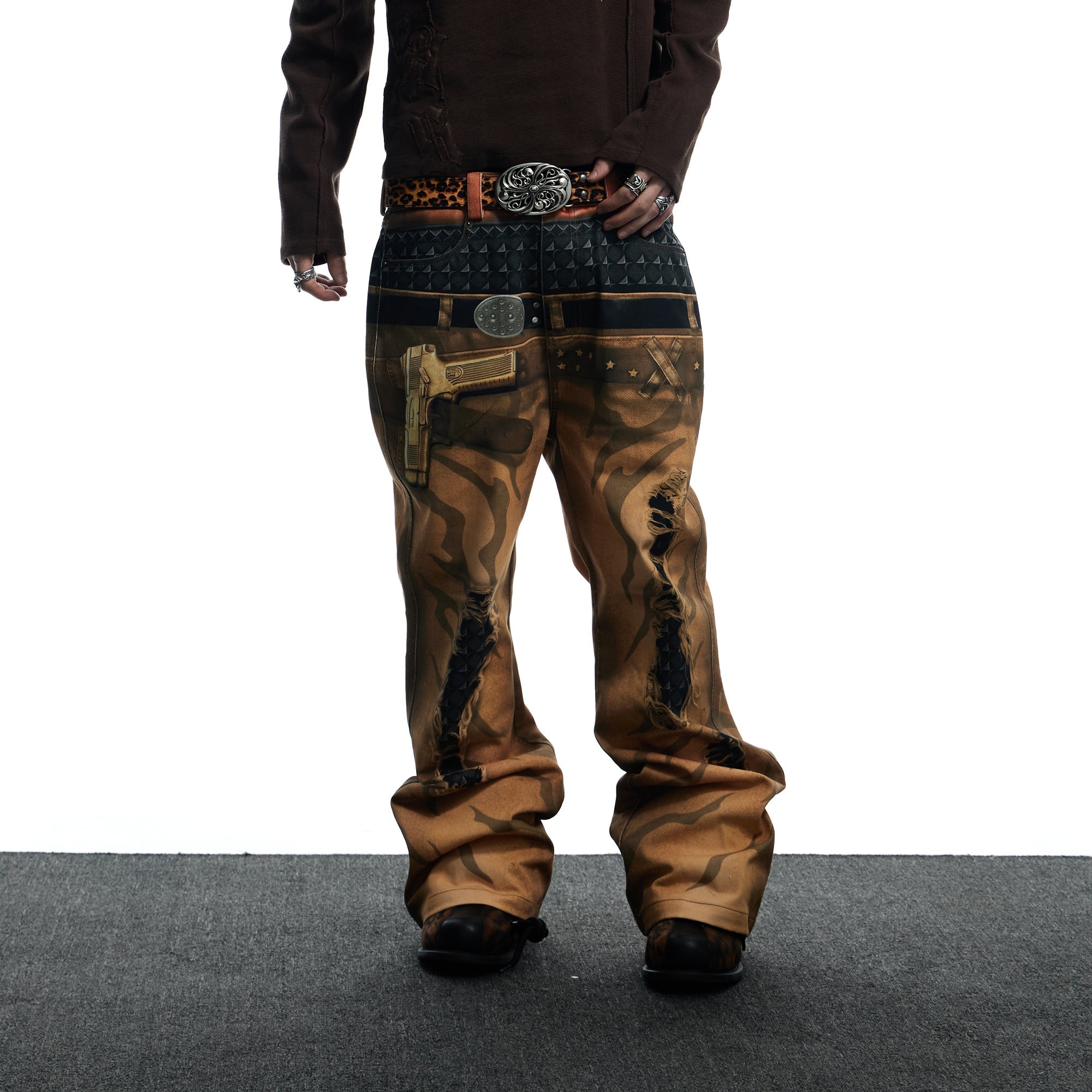 DND4DES Distressed Print Double-Waist Flare Jeans Khaki-Jeans-XS-Free Shipping Leatheretro