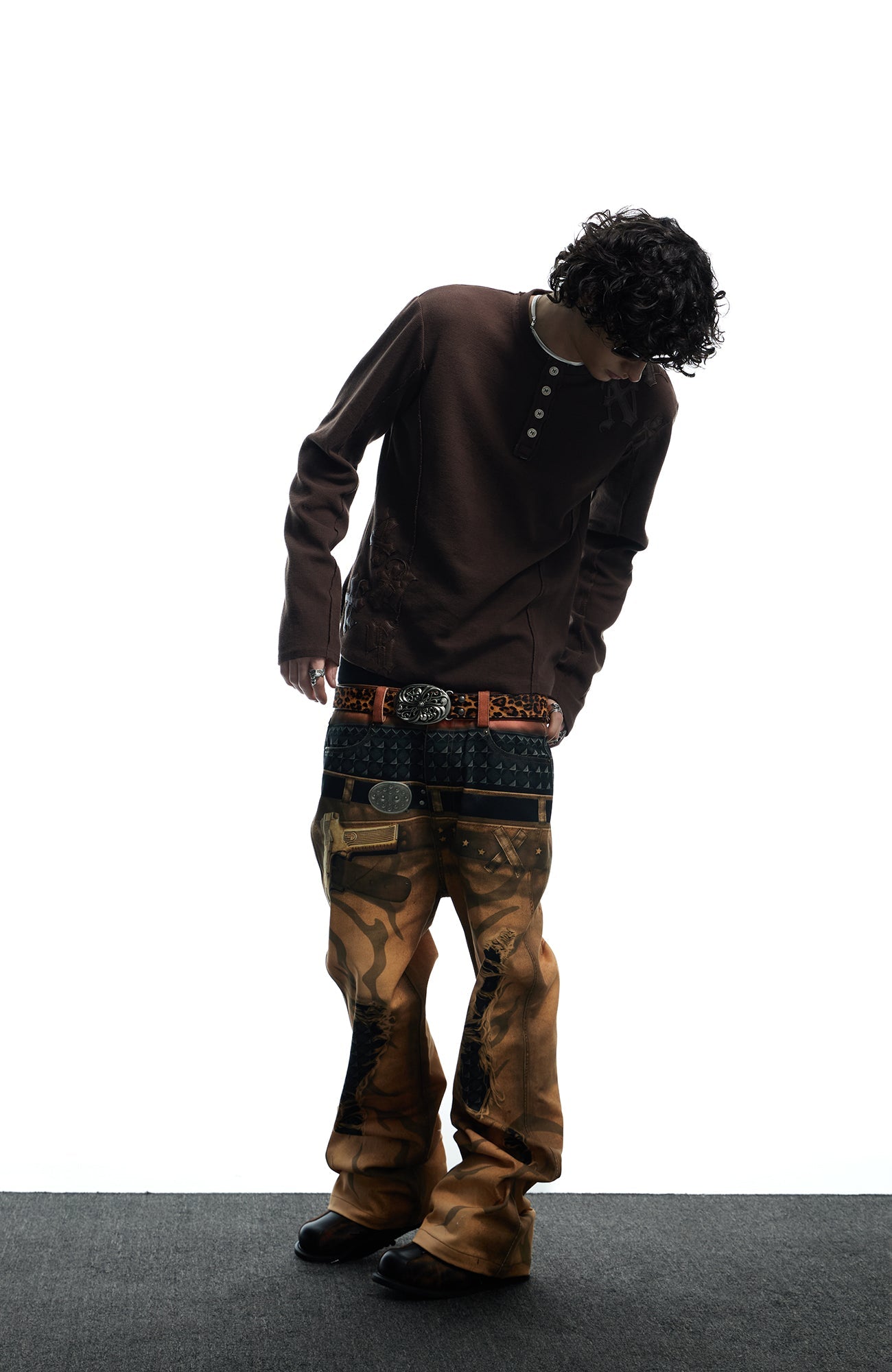 DND4DES Distressed Print Double-Waist Flare Jeans Khaki-Jeans-XS-Free Shipping Leatheretro