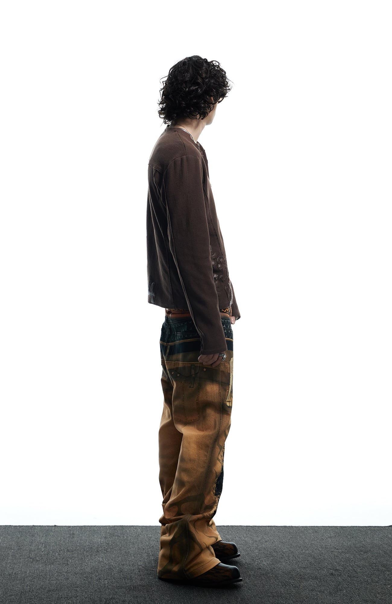 DND4DES Distressed Print Double-Waist Flare Jeans Khaki-Jeans-XS-Free Shipping Leatheretro