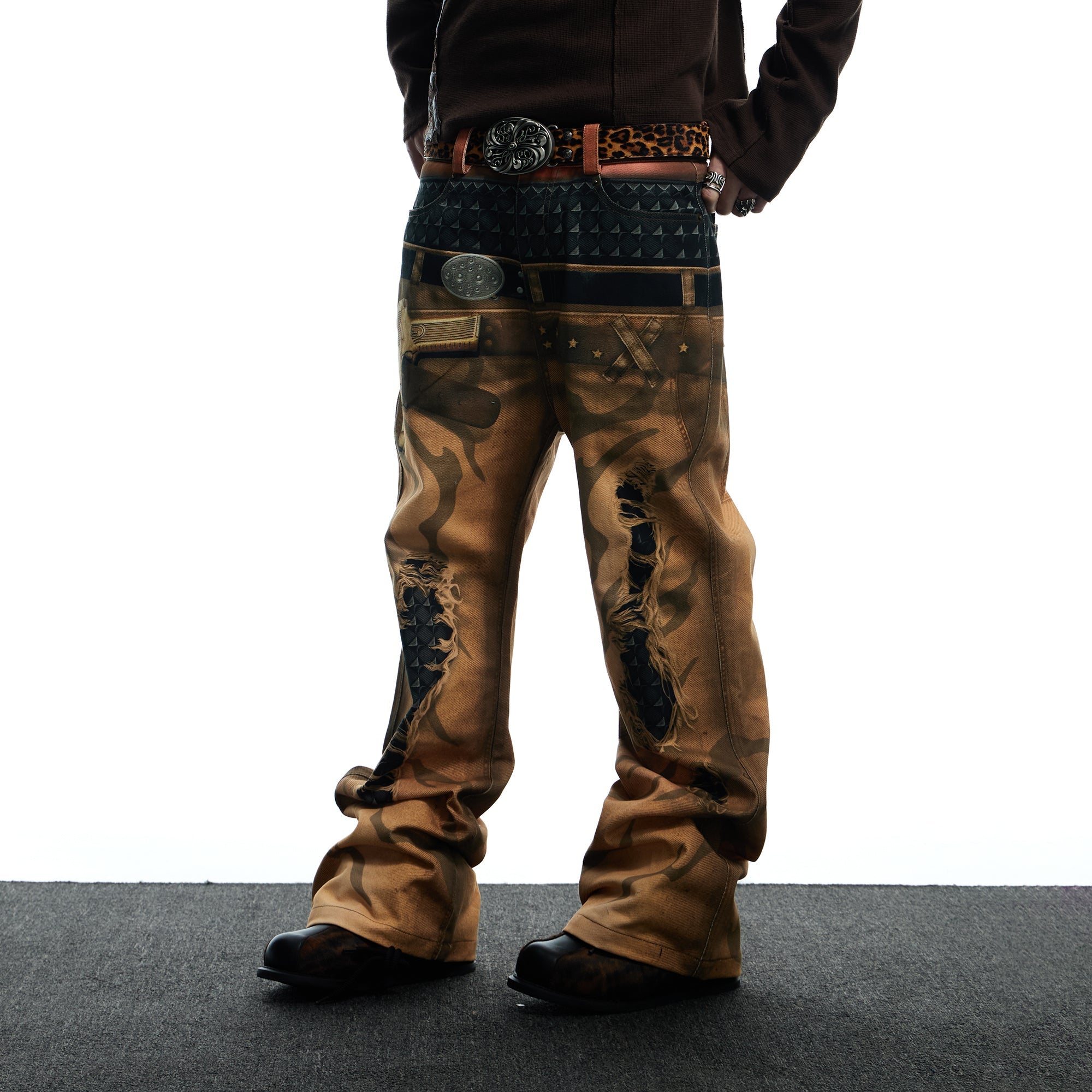 DND4DES Distressed Print Double-Waist Flare Jeans Khaki-Jeans-XS-Free Shipping Leatheretro