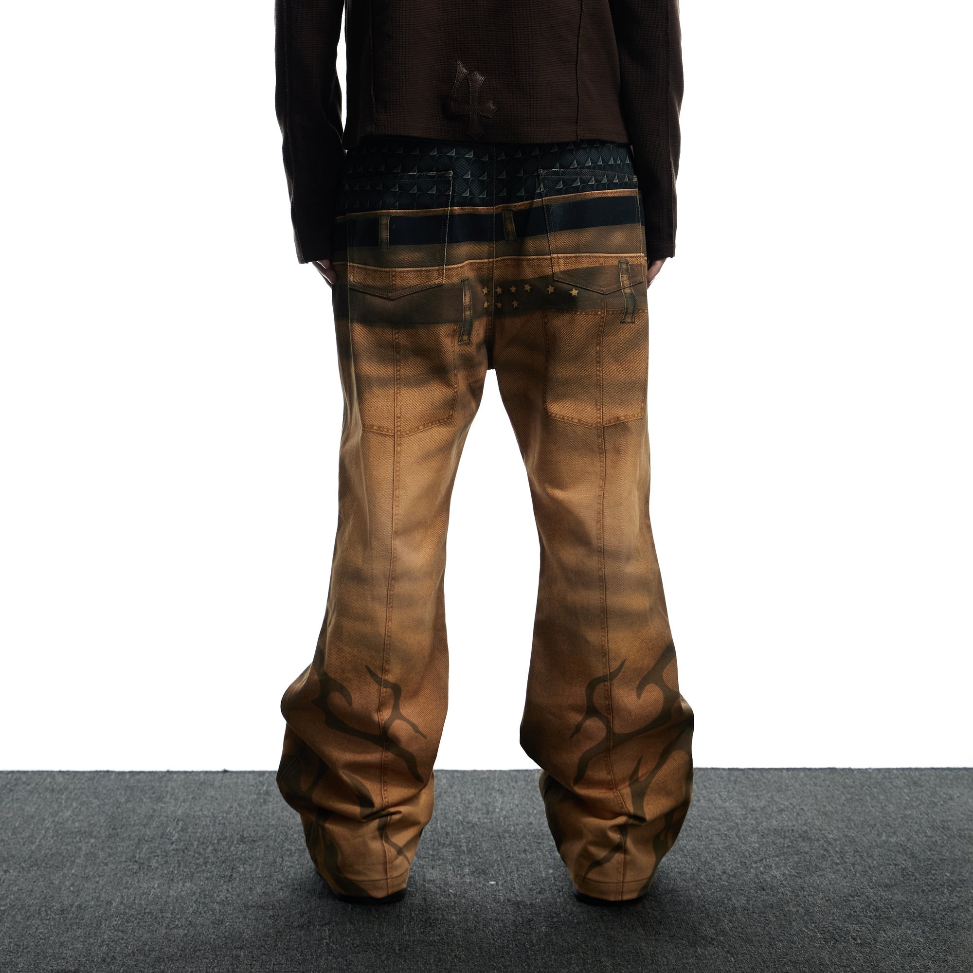 DND4DES Distressed Print Double-Waist Flare Jeans Khaki-Jeans-XS-Free Shipping Leatheretro