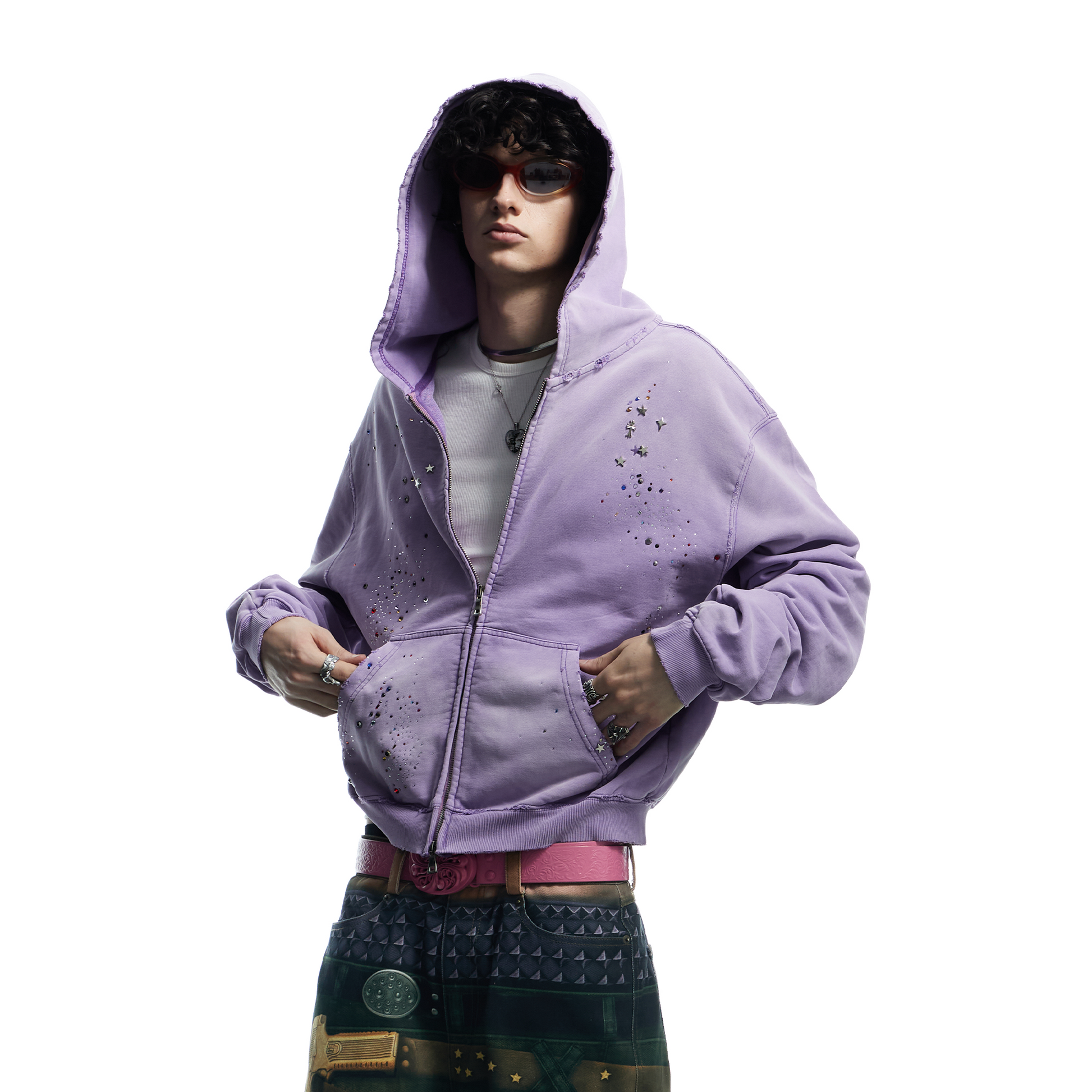 DND4DES Starry Diamond Washed Zip-Up Hoodie-Jacket-S-Pink-Free Shipping Leatheretro