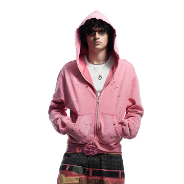 DND4DES Starry Diamond Washed Zip-Up Hoodie-Jacket-S-Pink-Free Shipping Leatheretro