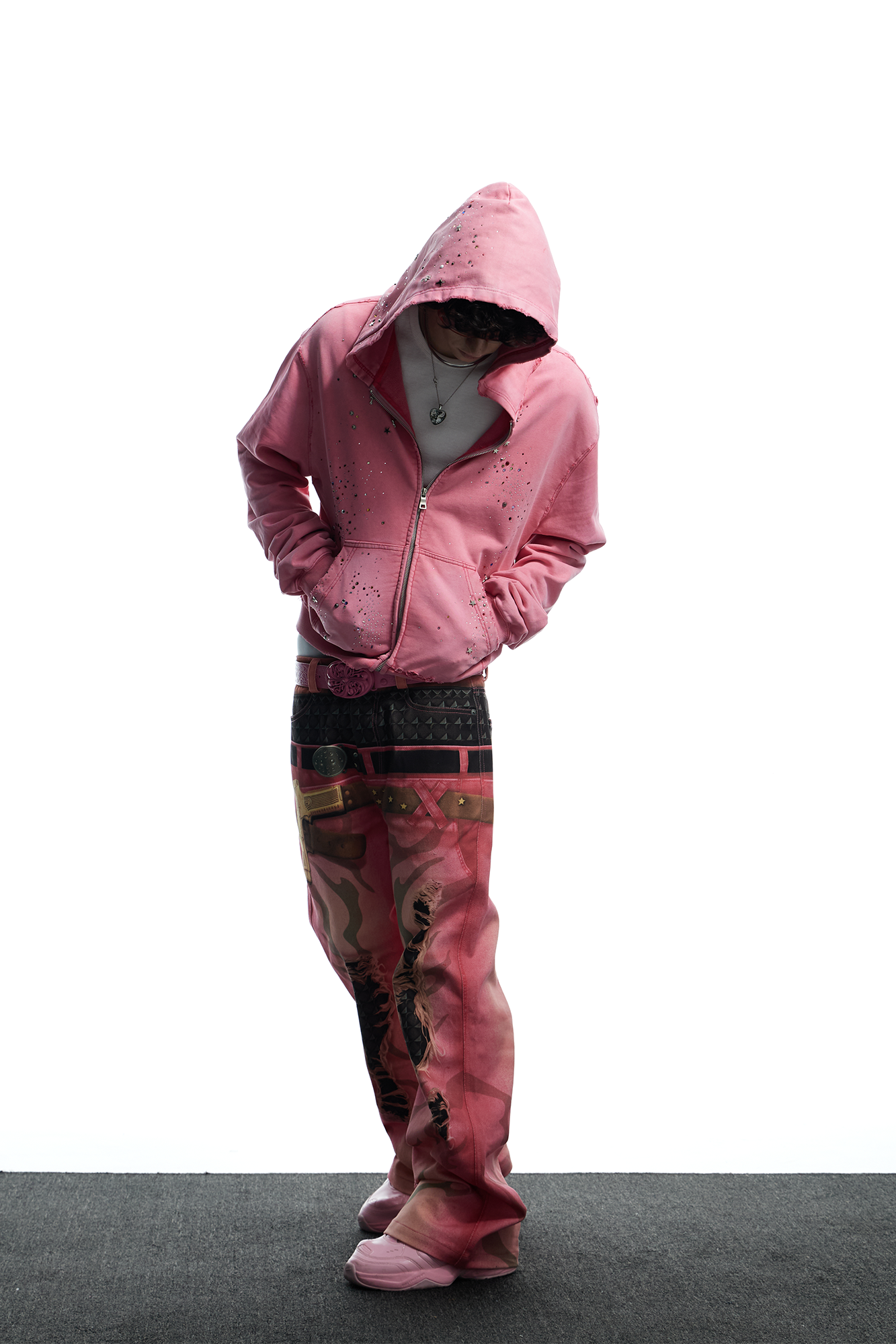 DND4DES Starry Diamond Washed Zip-Up Hoodie-Jacket-S-Pink-Free Shipping Leatheretro