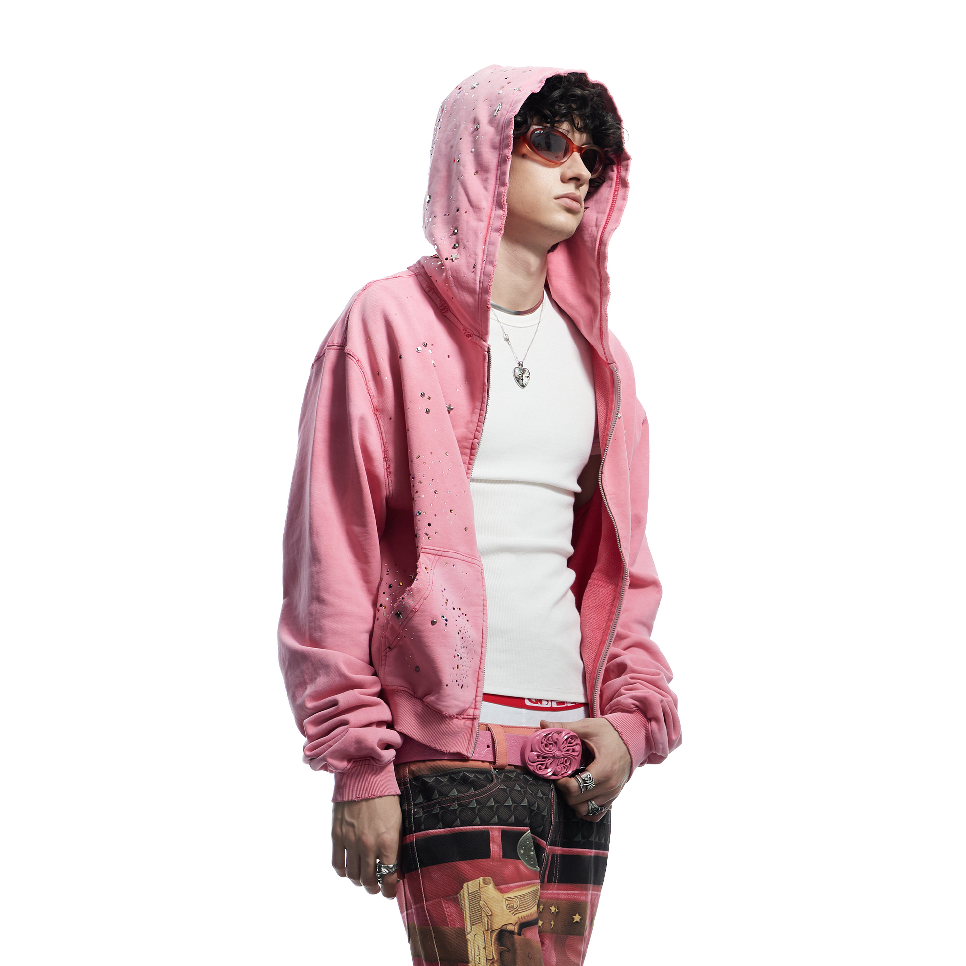 DND4DES Starry Diamond Washed Zip-Up Hoodie-Jacket-S-Pink-Free Shipping Leatheretro