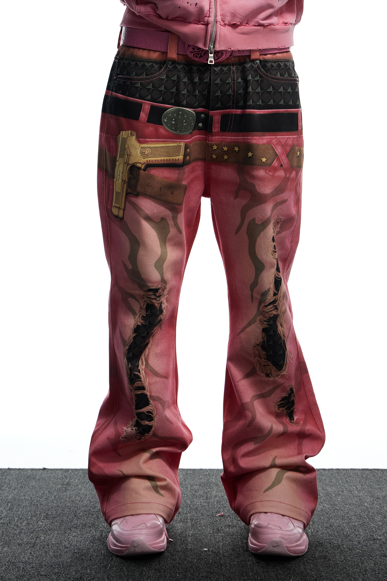 DND4DES Distressed Print Double-Waist Flare Jeans Pink-Jeans-XS-Free Shipping Leatheretro
