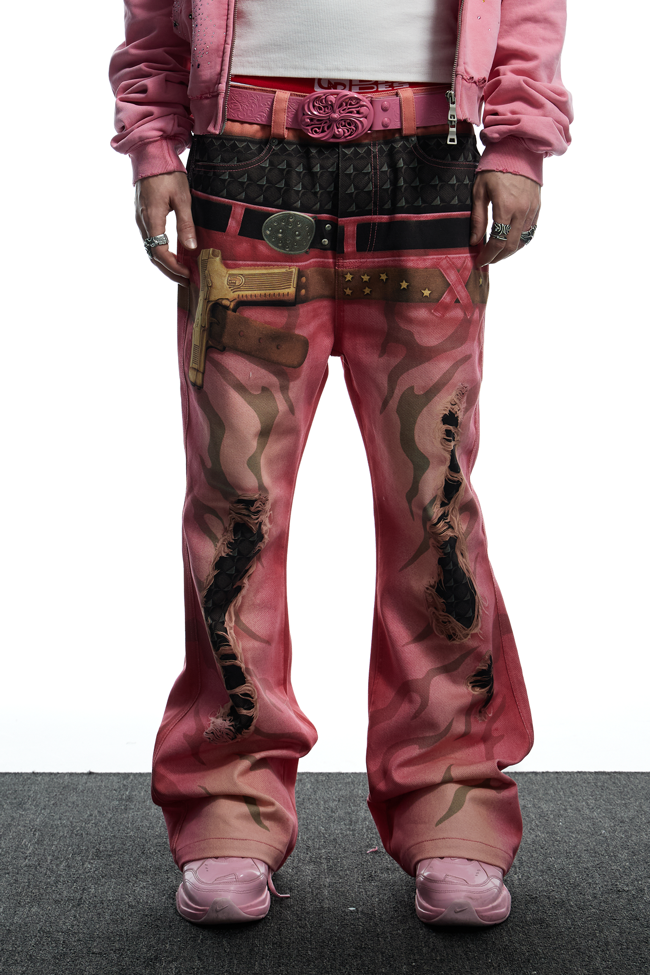 DND4DES Distressed Print Double-Waist Flare Jeans Pink-Jeans-XS-Free Shipping Leatheretro