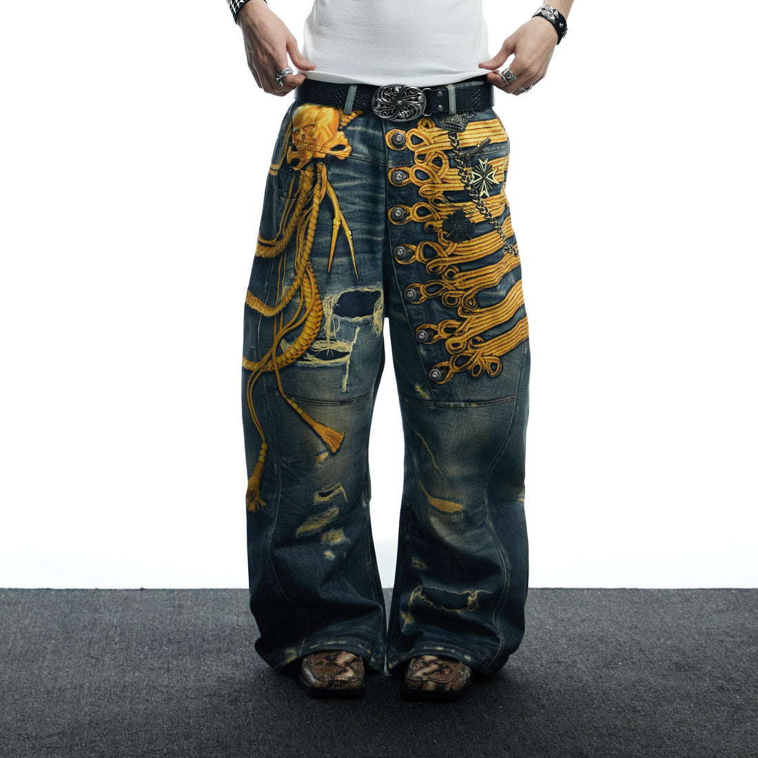 DND4DES Regal Braid Graphic Curved-Leg Baggy Jeans-Jeans-XS-Free Shipping Leatheretro
