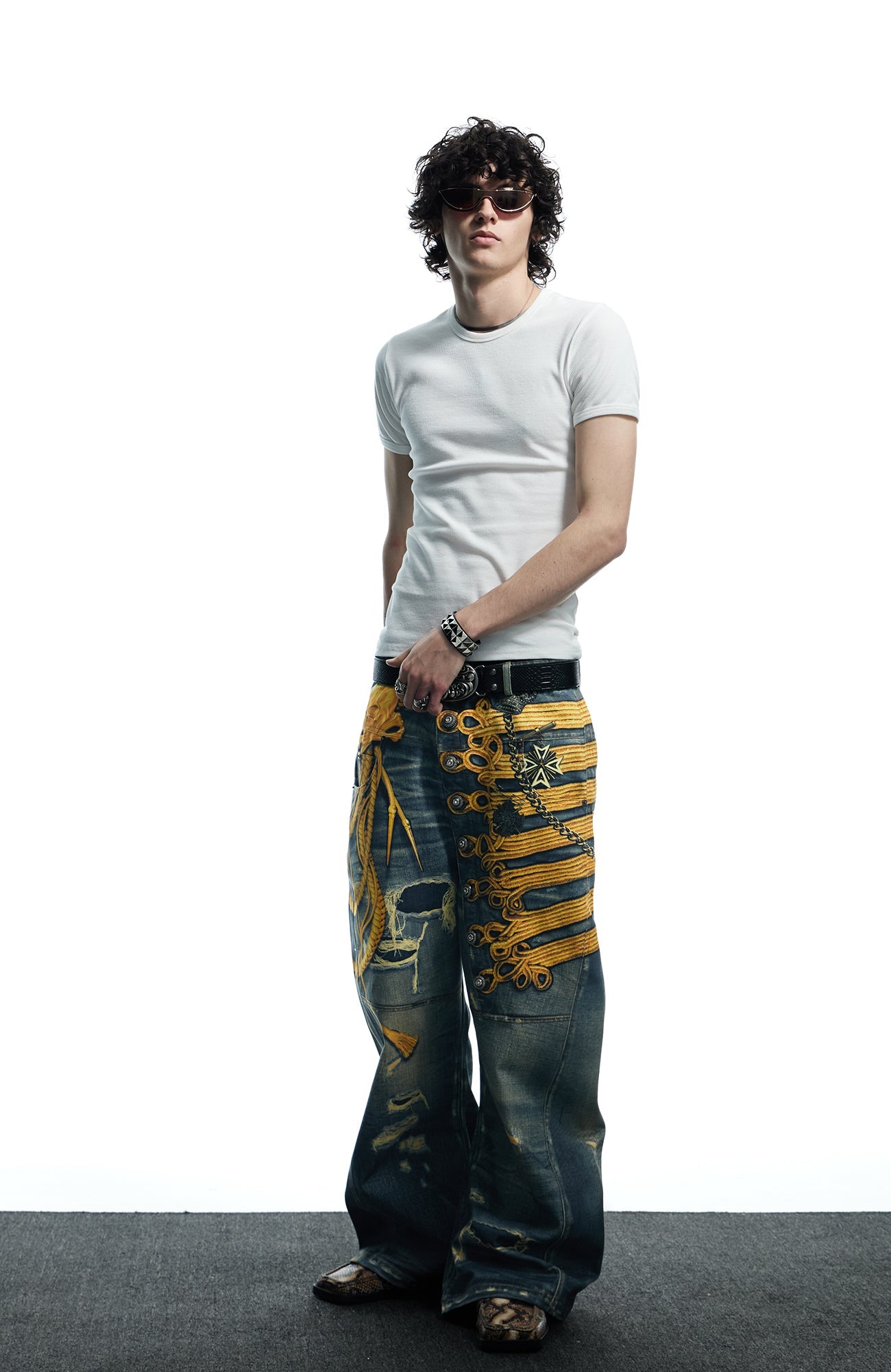 DND4DES Regal Braid Graphic Curved-Leg Baggy Jeans-Jeans-XS-Free Shipping Leatheretro