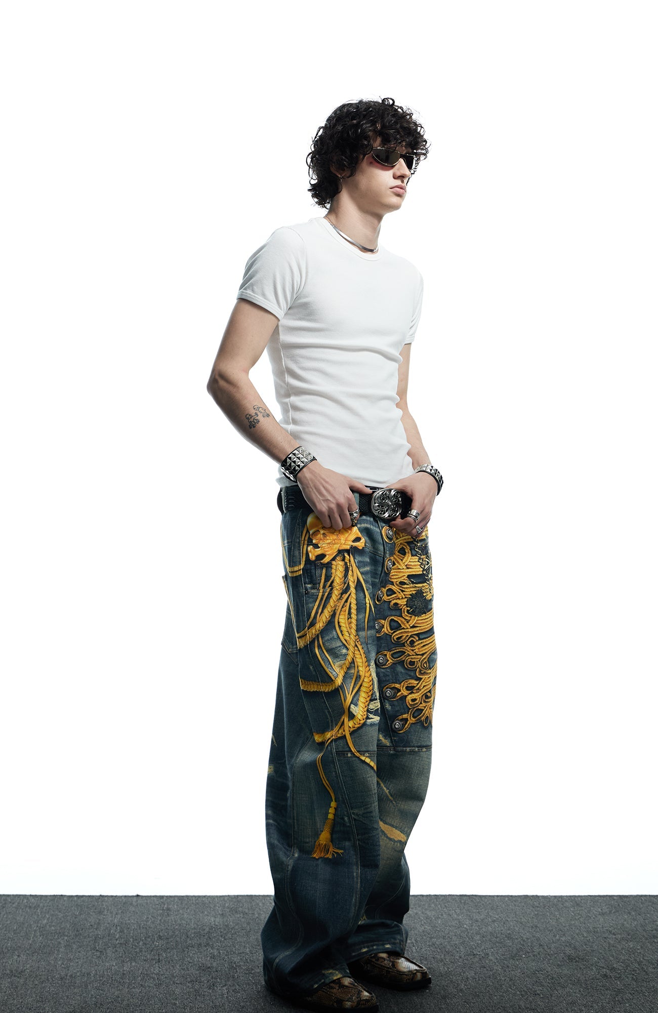 DND4DES Regal Braid Graphic Curved-Leg Baggy Jeans-Jeans-XS-Free Shipping Leatheretro