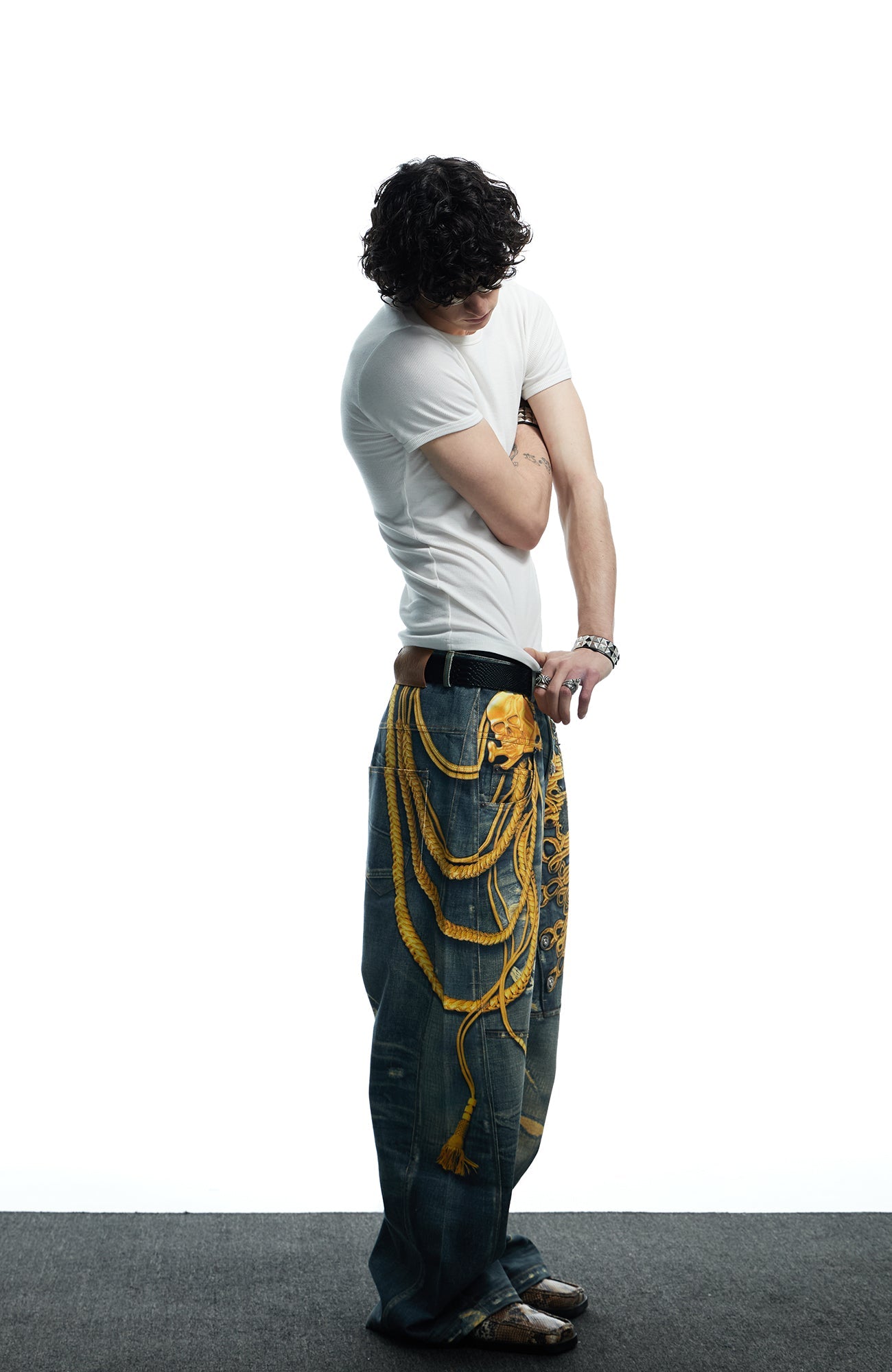 DND4DES Regal Braid Graphic Curved-Leg Baggy Jeans-Jeans-XS-Free Shipping Leatheretro