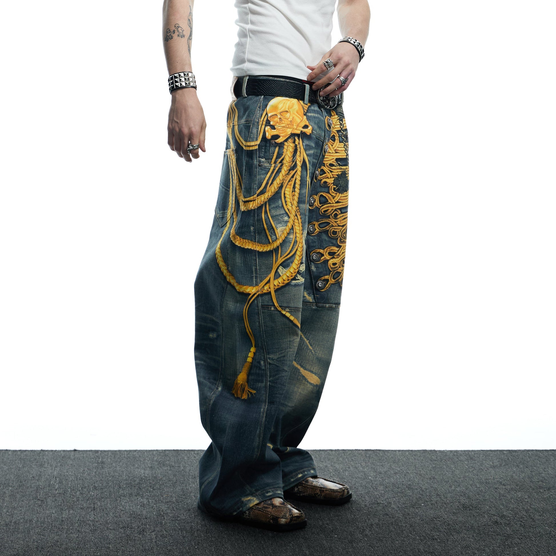 DND4DES Regal Braid Graphic Curved-Leg Baggy Jeans-Jeans-XS-Free Shipping Leatheretro