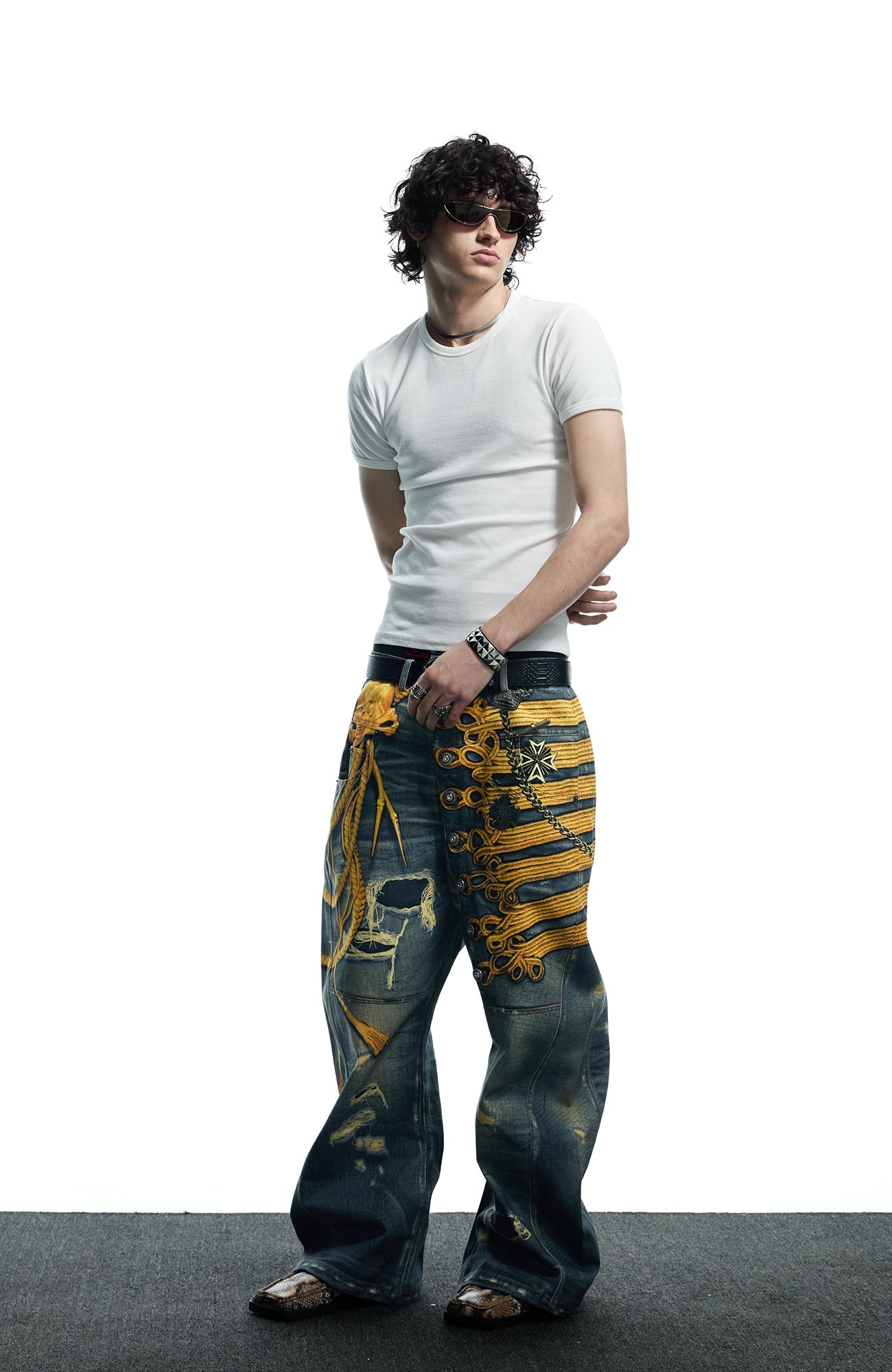 DND4DES Regal Braid Graphic Curved-Leg Baggy Jeans-Jeans-XS-Free Shipping Leatheretro