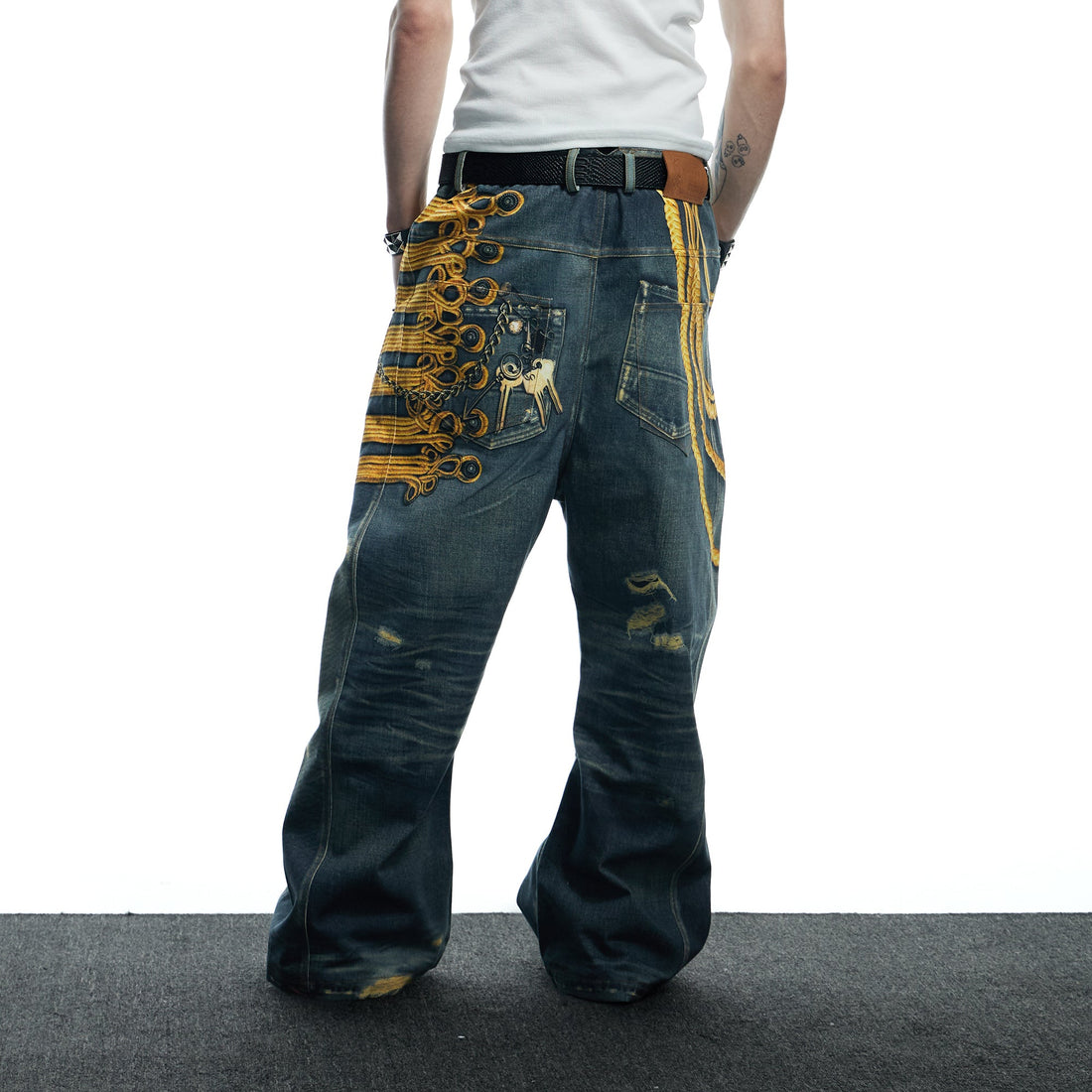 DND4DES Regal Braid Graphic Curved-Leg Baggy Jeans-Jeans-XS-Free Shipping Leatheretro