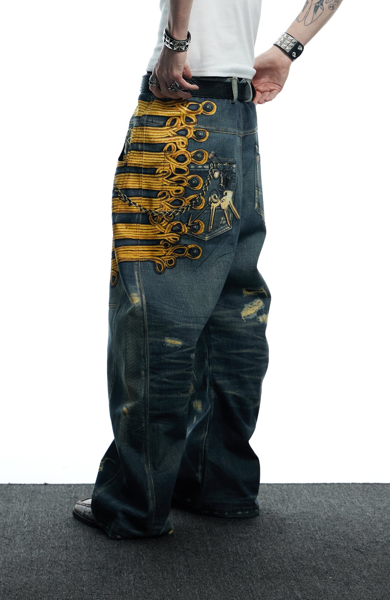 DND4DES Regal Braid Graphic Curved-Leg Baggy Jeans-Jeans-XS-Free Shipping Leatheretro
