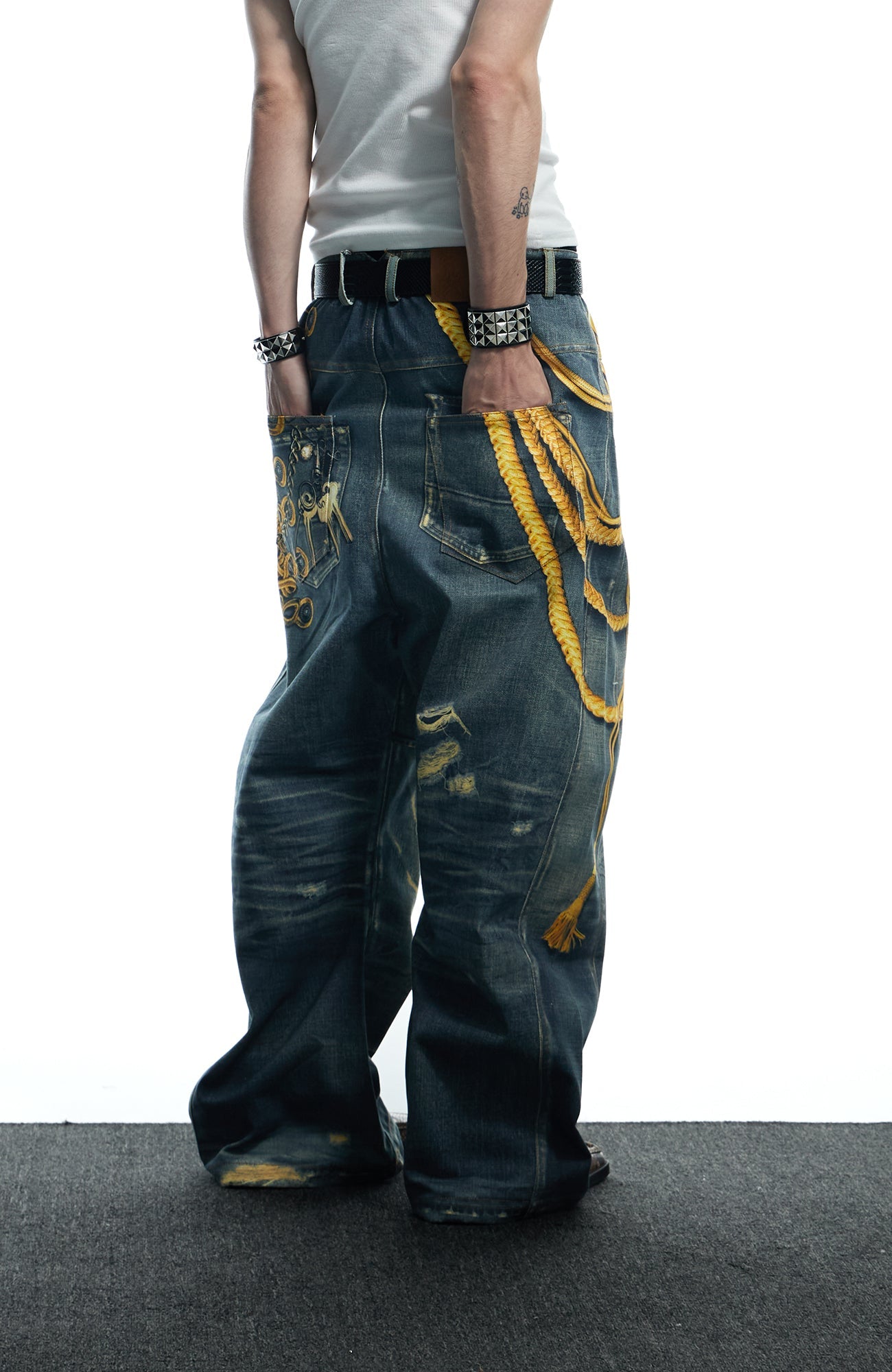 DND4DES Regal Braid Graphic Curved-Leg Baggy Jeans-Jeans-XS-Free Shipping Leatheretro